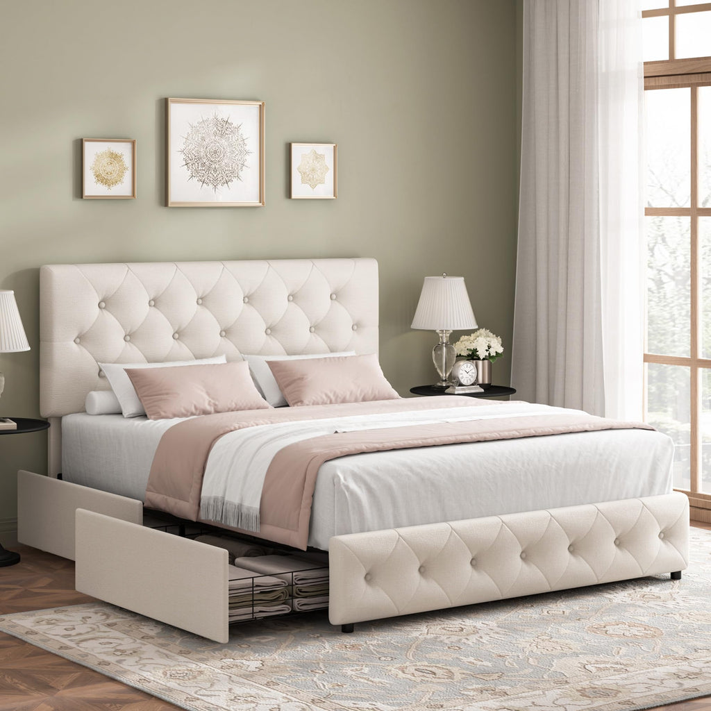 Beige Tufted Full Storage Drawer Bed Frame