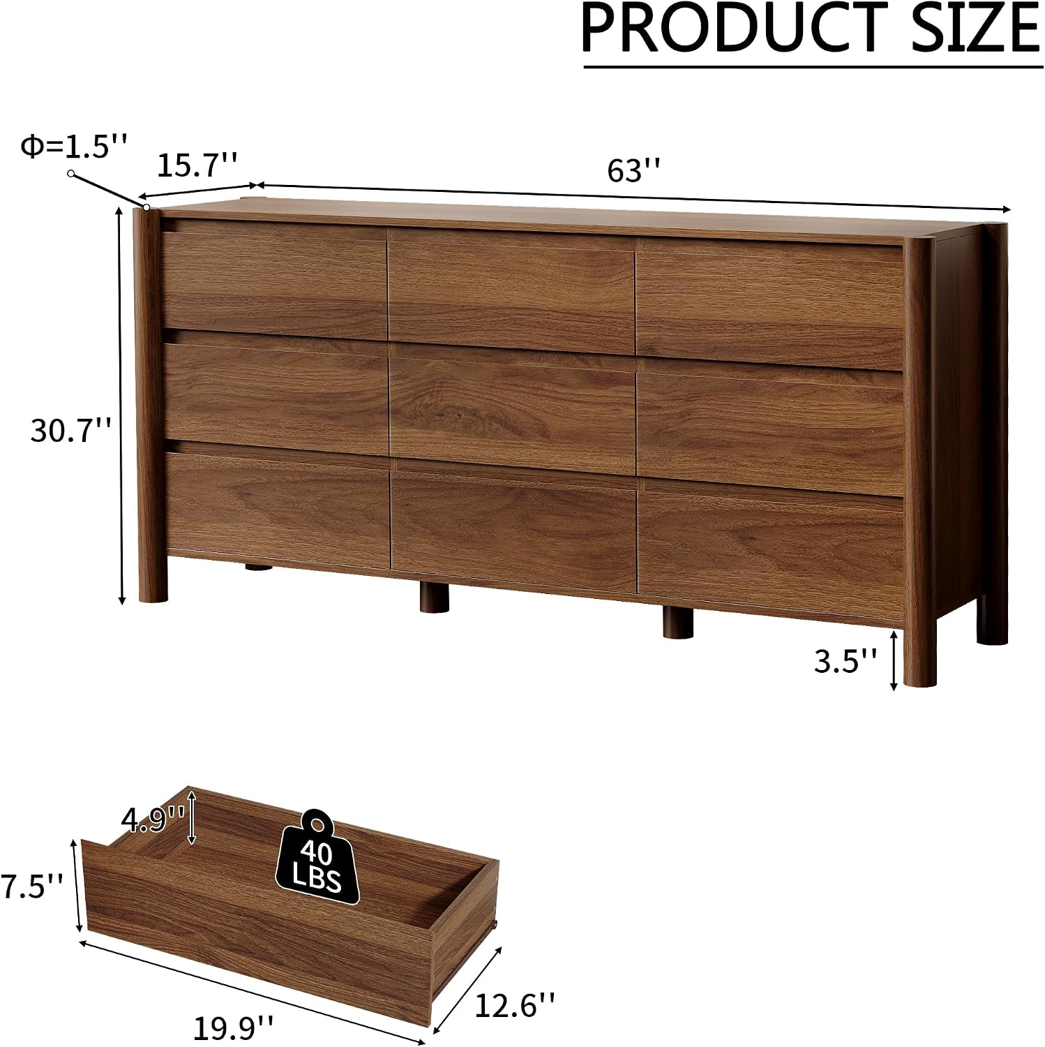 Walnut Wide 9-Drawer Concealed Handle Dresser