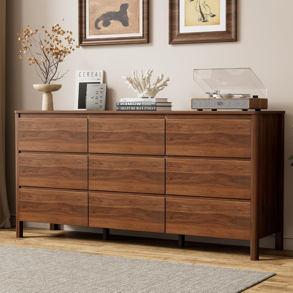Walnut Wood Leg 9-Drawer Mid-Century Dresser