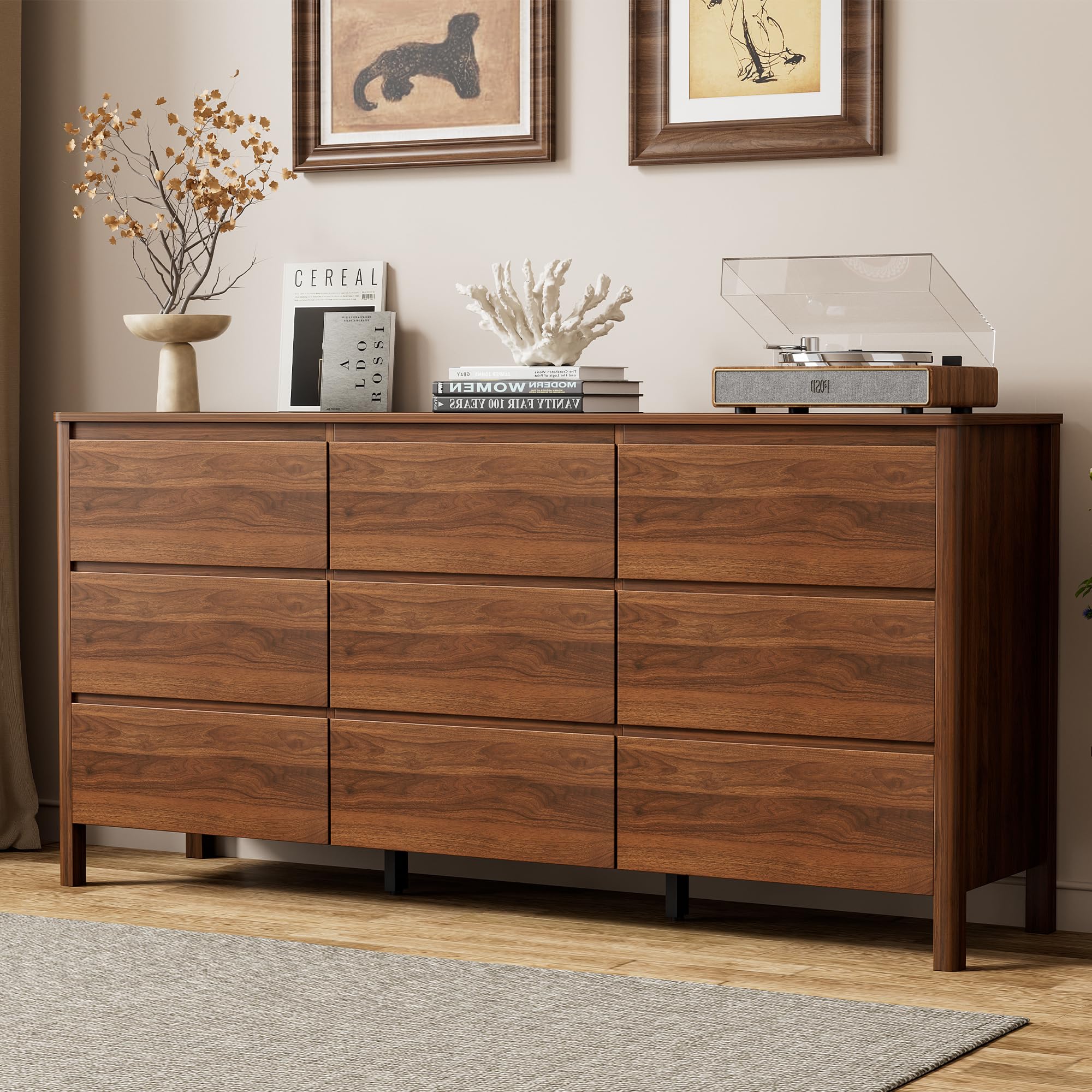 Walnut Wood Leg 9-Drawer Mid-Century Dresser