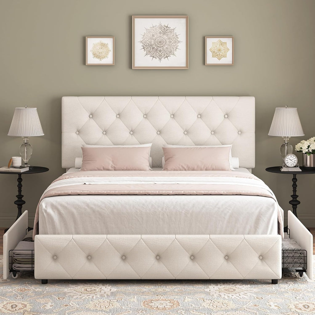 Beige Tufted Full Storage Drawer Bed Frame