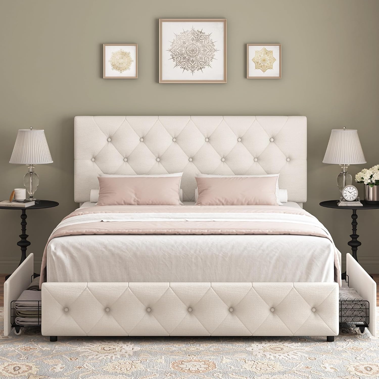 Beige Tufted Full Storage Drawer Bed Frame
