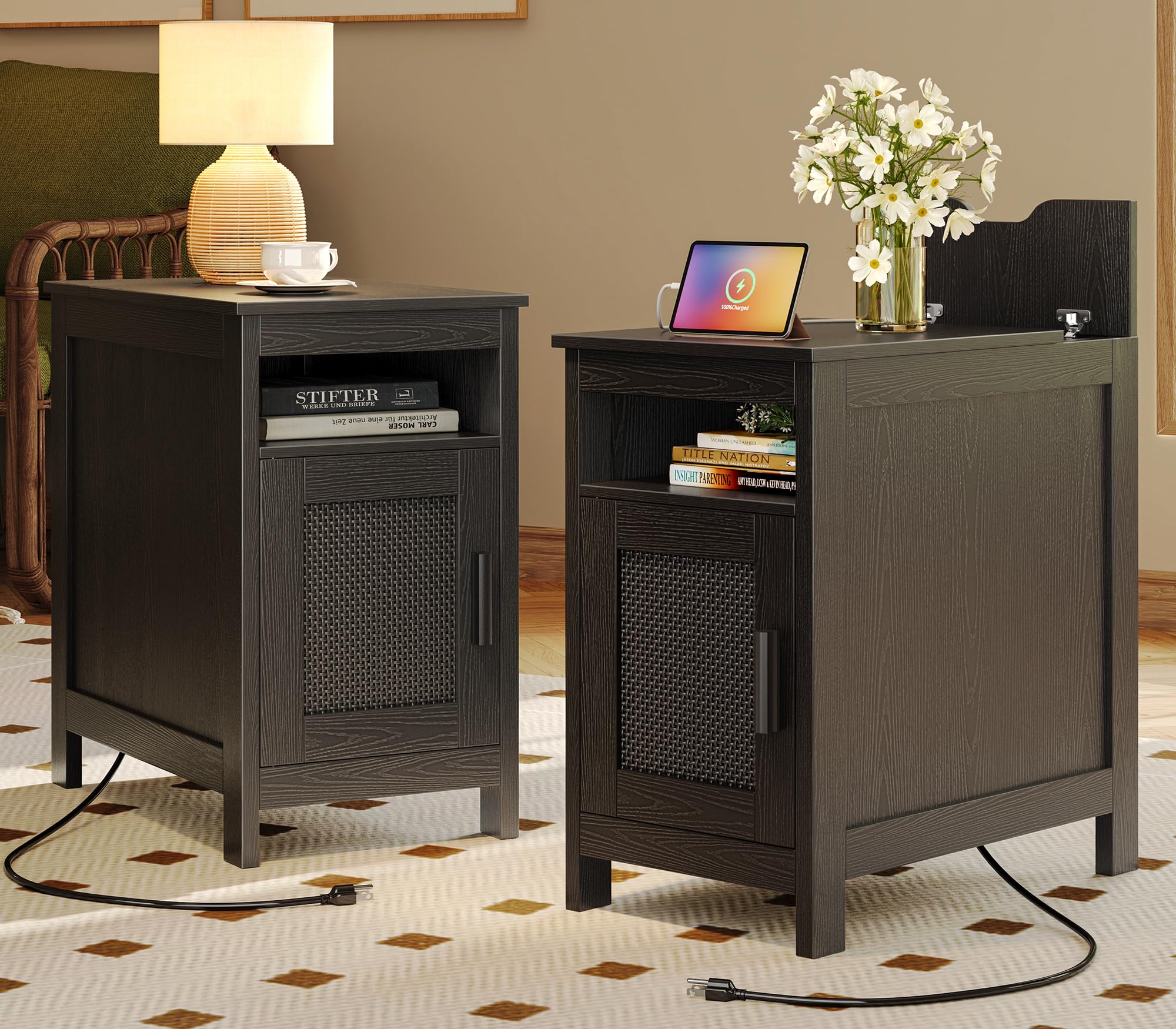 Natural Wood Rattan Charging Narrow Nightstand