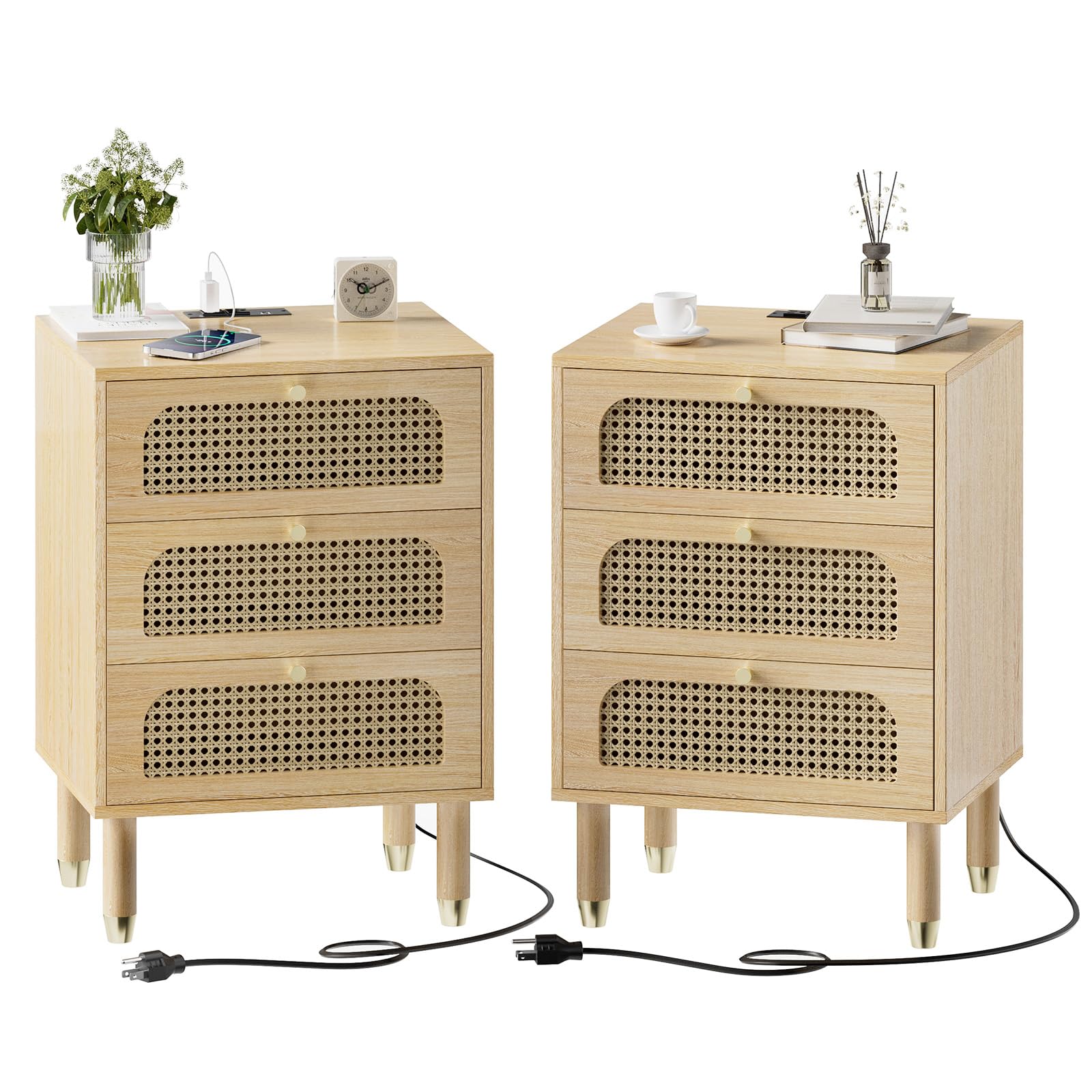 Black Rattan 3-Drawer Nightstand Set of 2