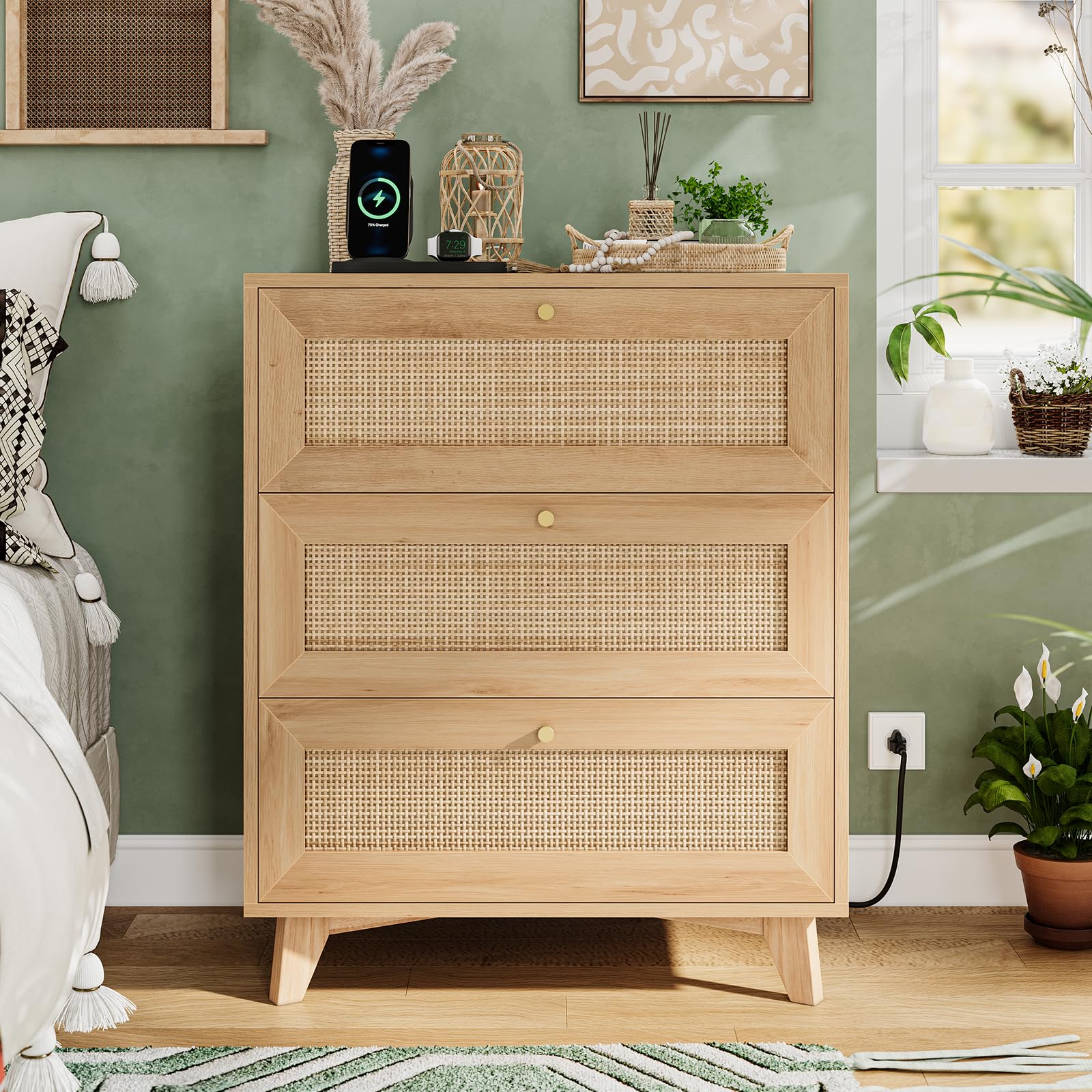 Boho Rattan 3-Drawer Charging Nightstand