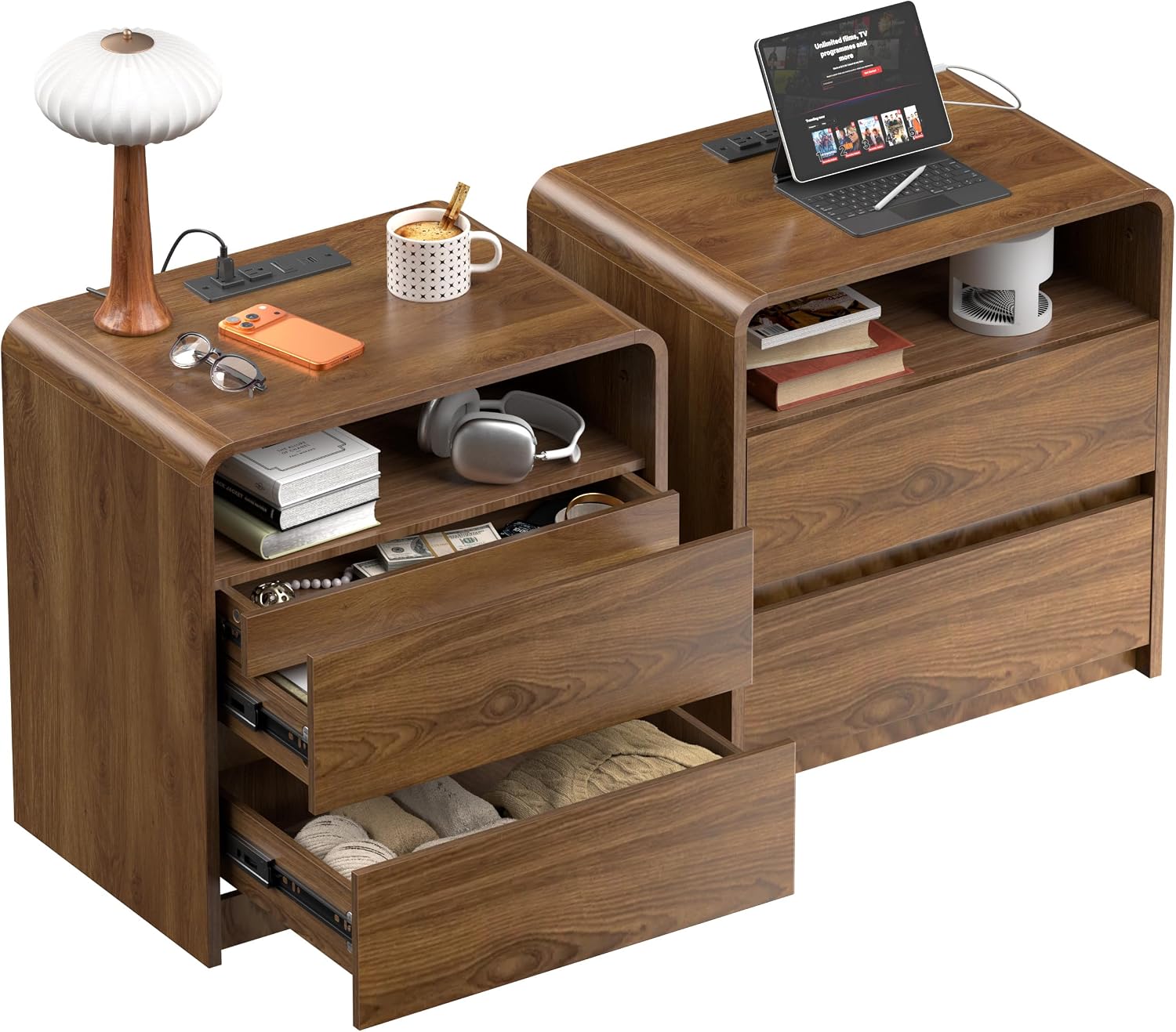 Curved Walnut Hidden Drawer Nightstands Set of 2