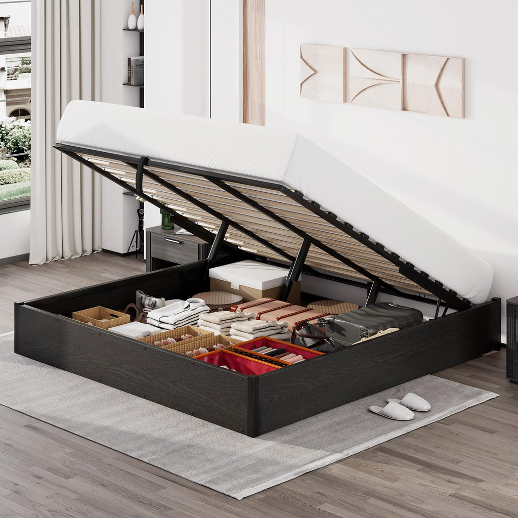 Rustic Brown Queen Lift Storage Bed Frame