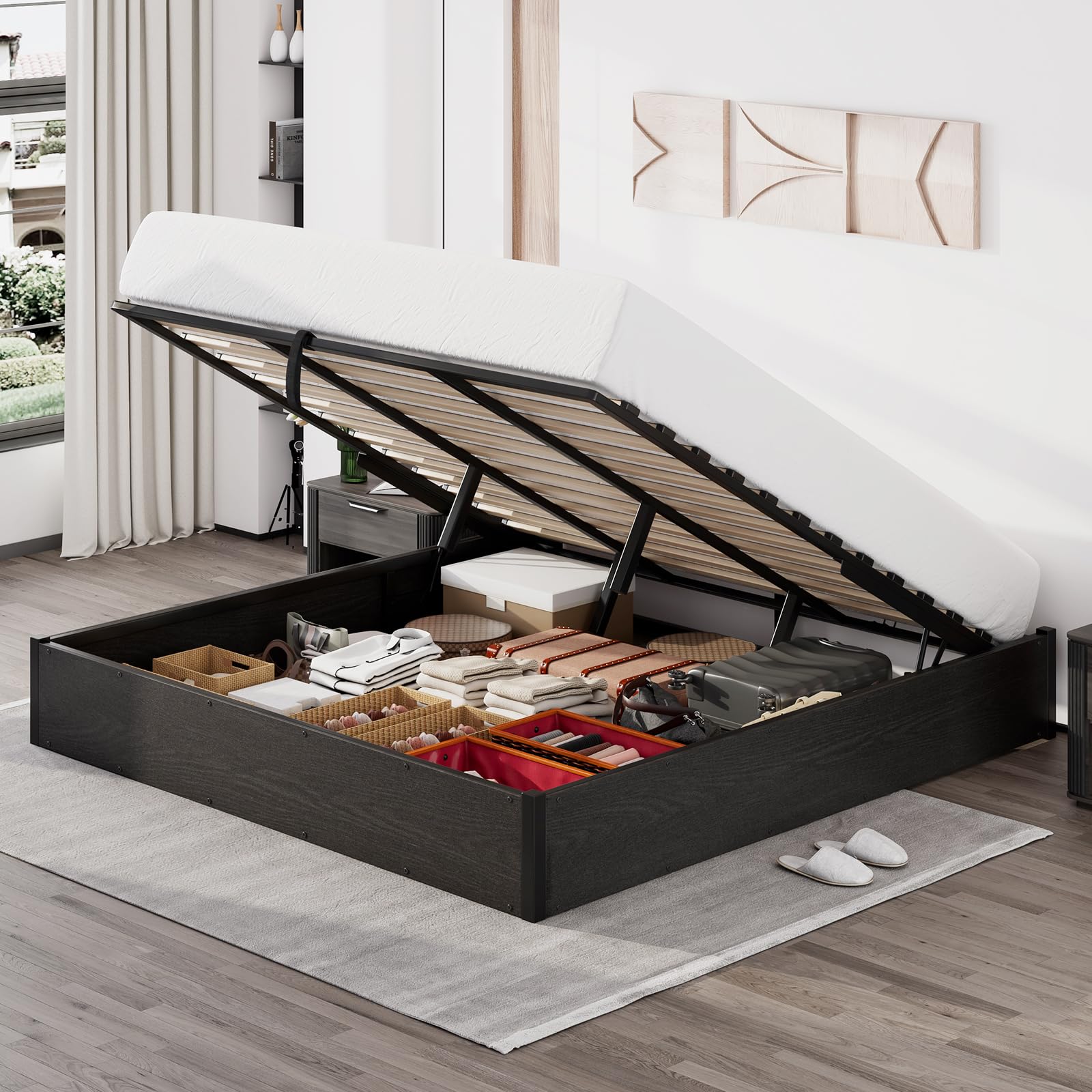 Rustic Brown Queen Lift Storage Bed Frame