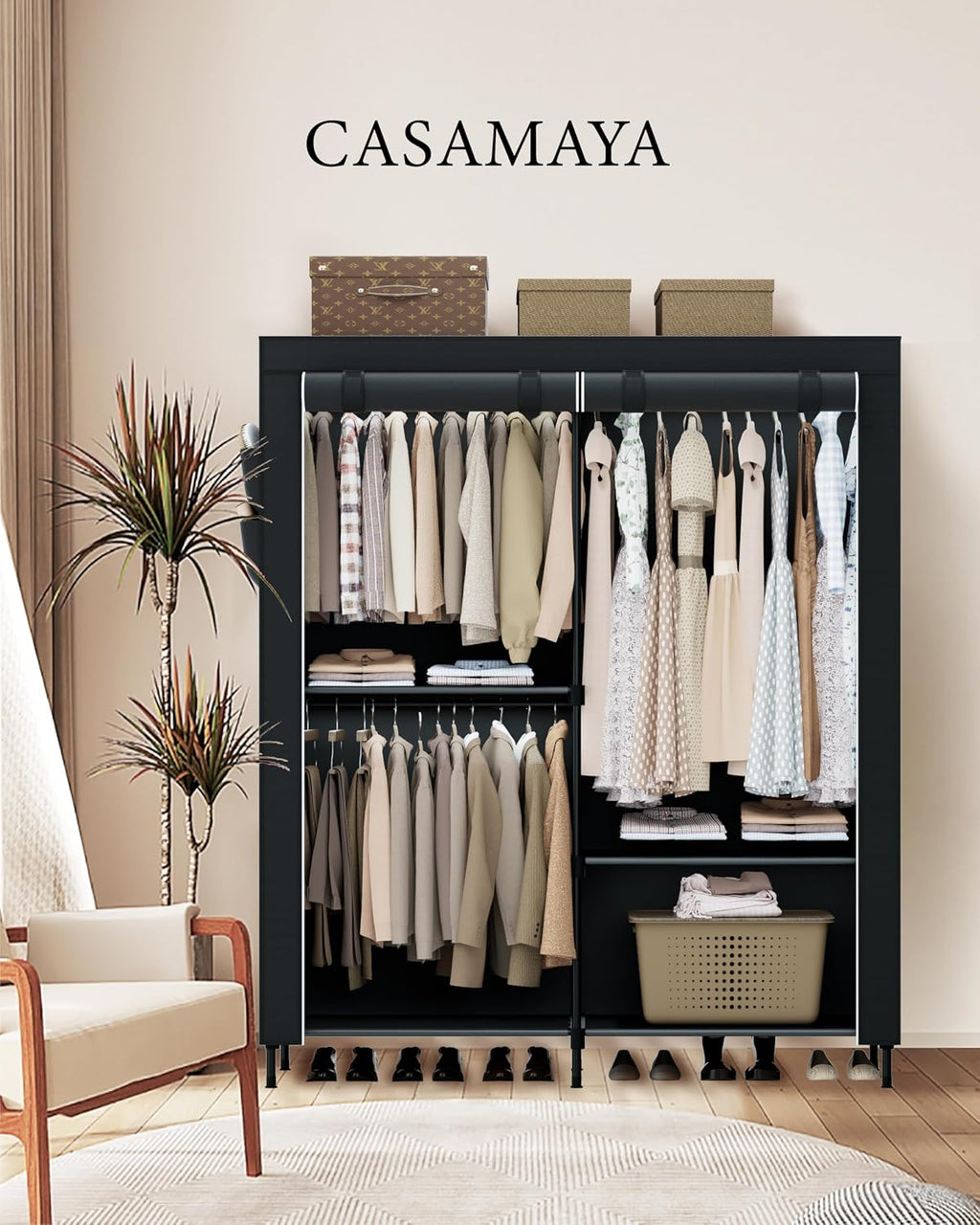 Black Covered 3-Rod Portable Wardrobe Closet