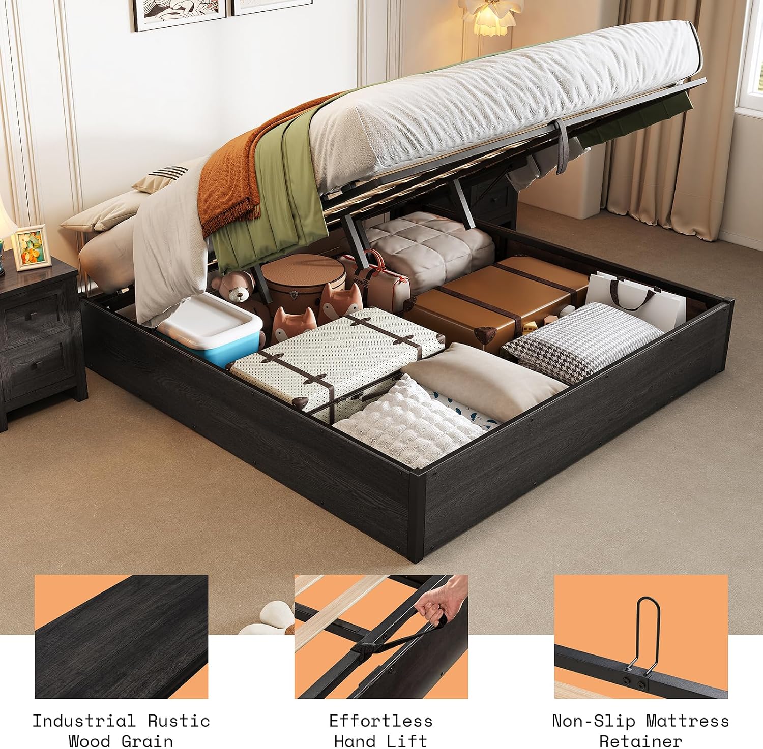 Dark Oak King Hydraulic Storage Bed Frame