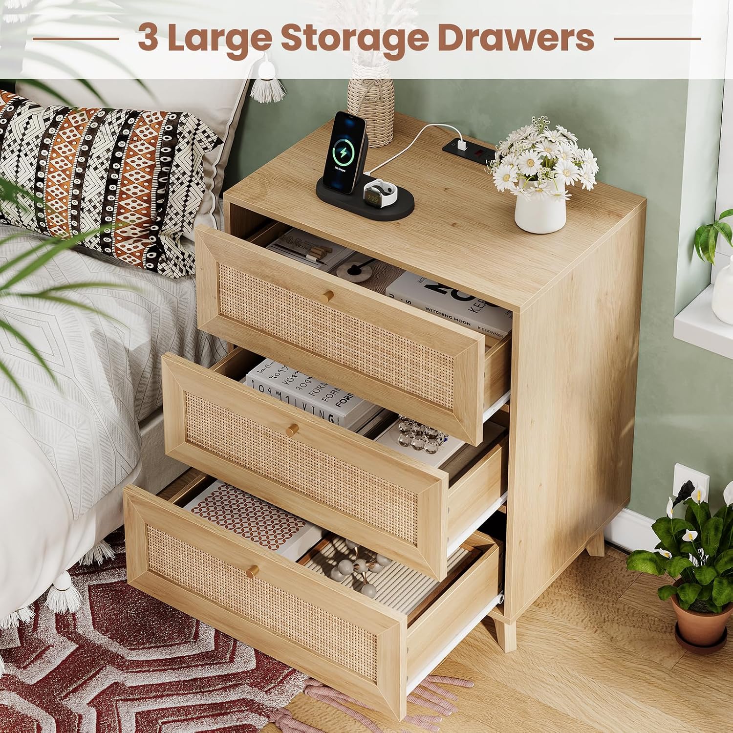 Boho Rattan 3-Drawer Charging Nightstand
