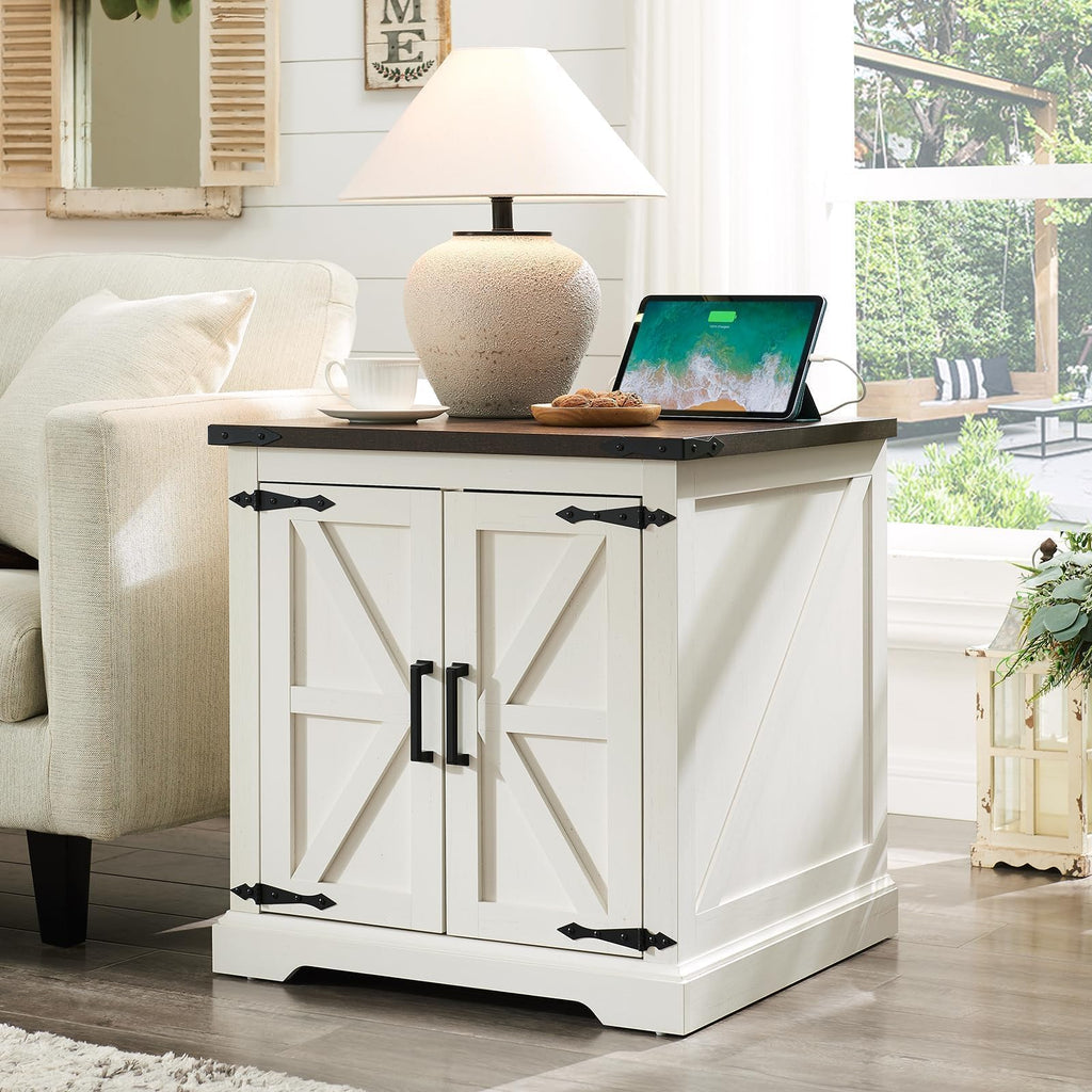 Natural Rattan Barn Door Farmhouse Side Table