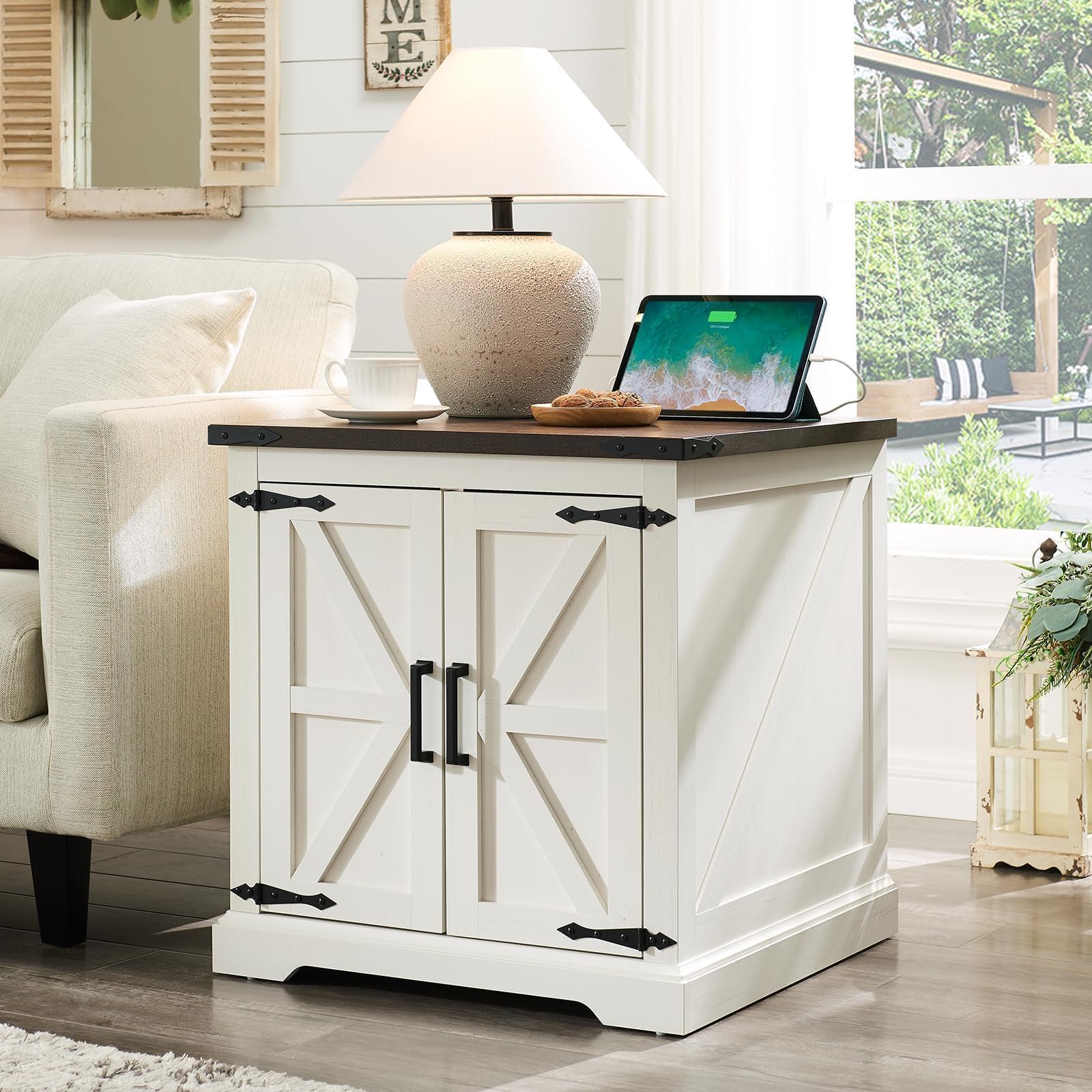 Natural Rattan Barn Door Farmhouse Side Table
