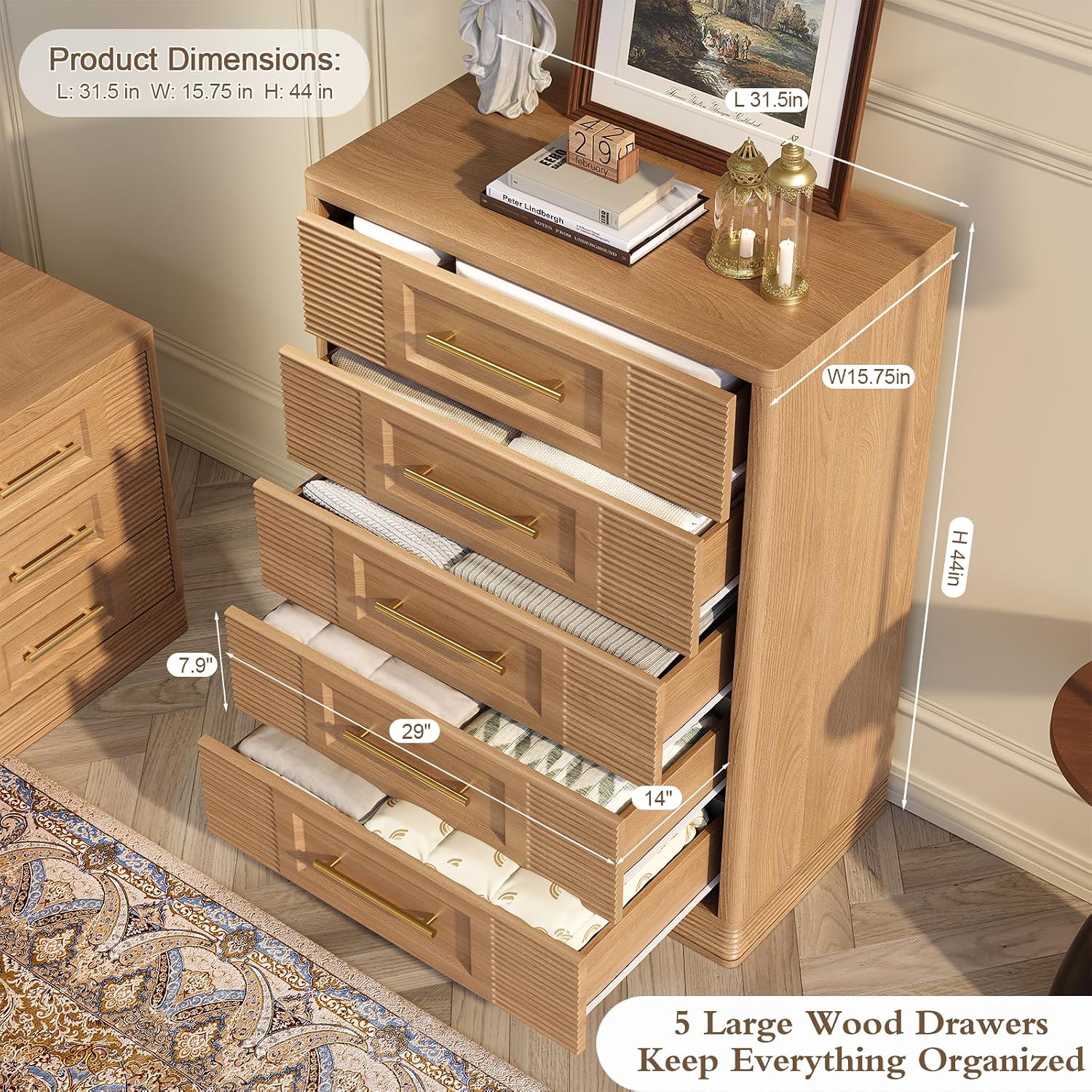 Natural Oak Curved 5-Drawer Farmhouse Dresser