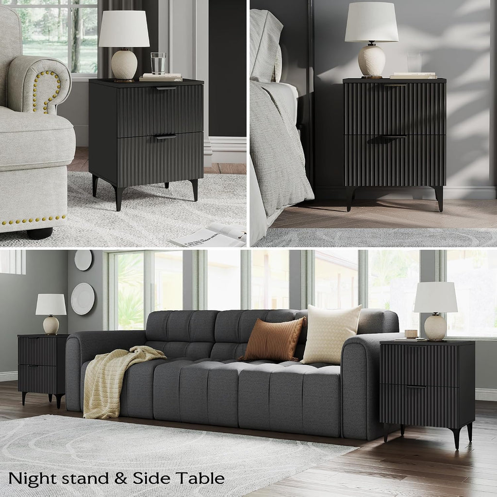 Black Fluted 2-Drawer Nightstand Set of 2