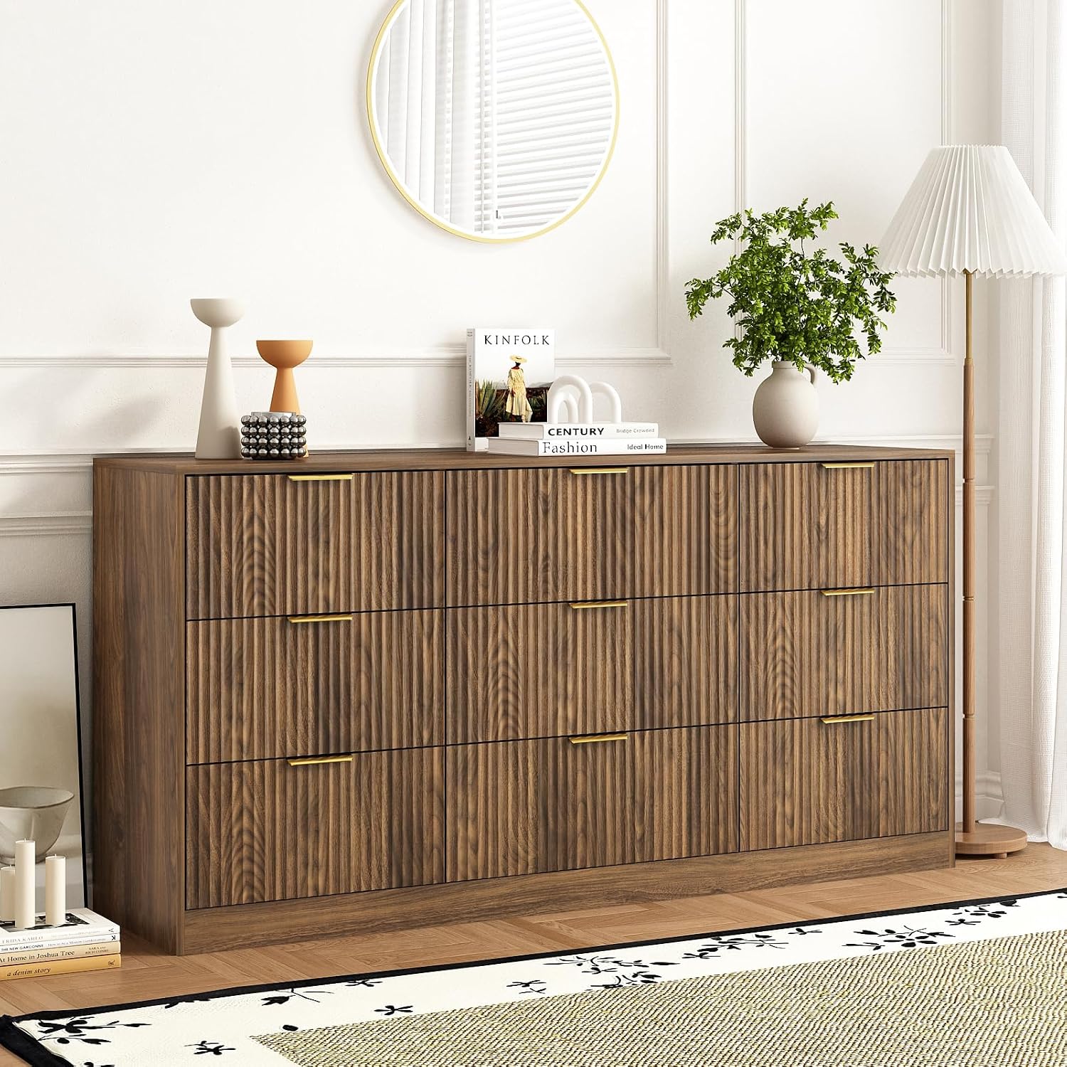 Walnut Fluted 9-Drawer Mid Century Dresser