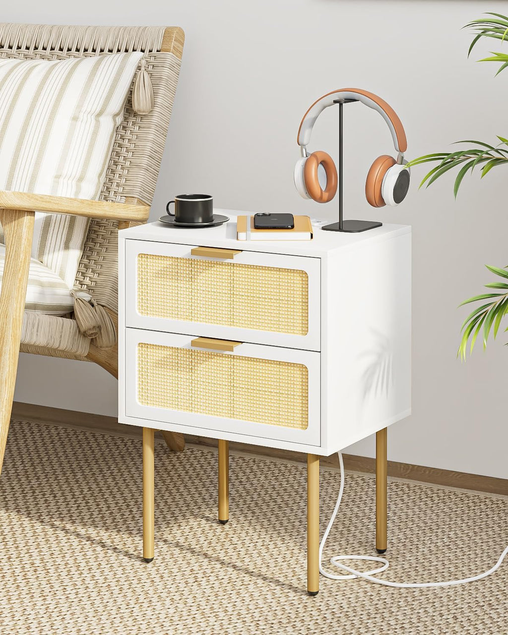 White Gold Frame Rattan 2-Drawer Nightstand