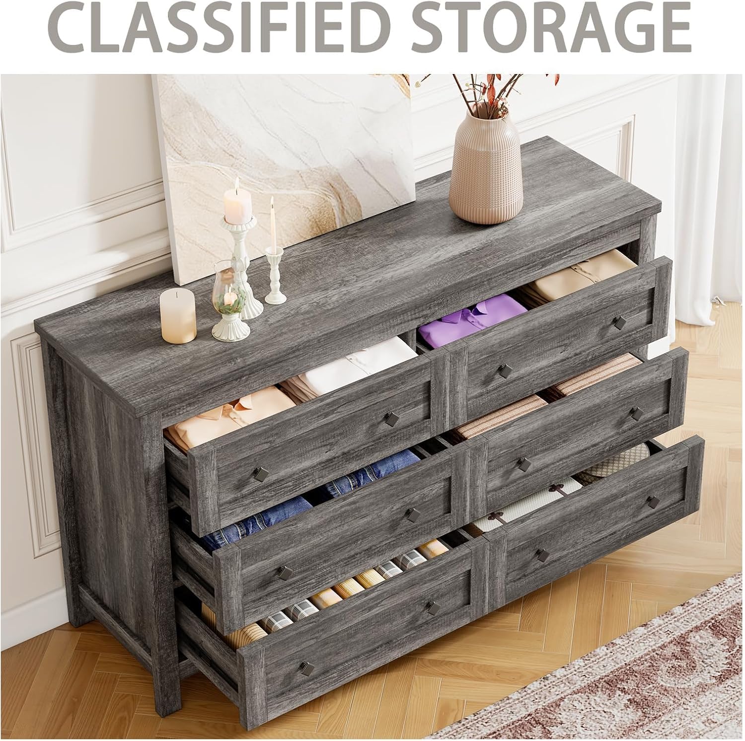 Grey Farmhouse 6-Drawer Wood Storage Dresser