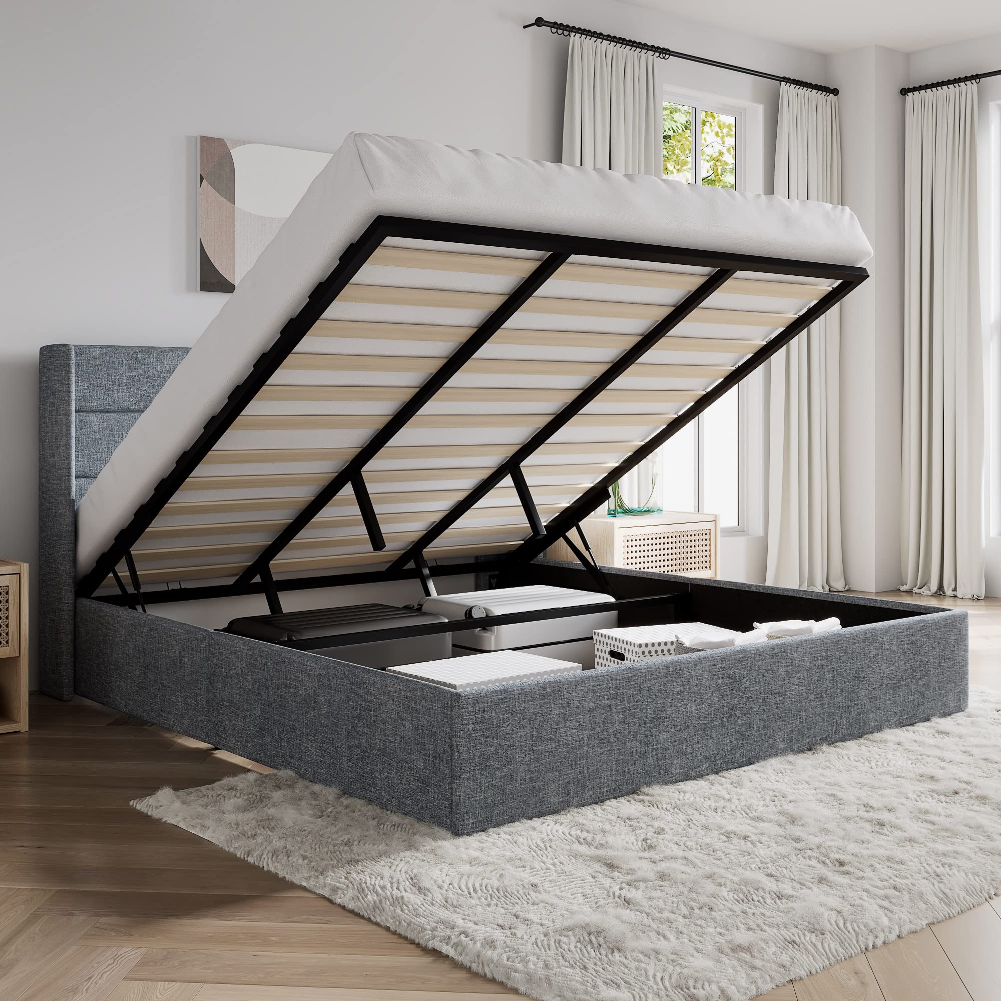 Light Beige Wingback Hydraulic Storage Bed