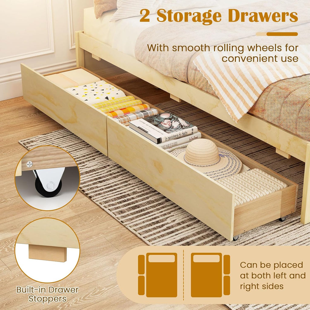 Natural Queen Wood Storage Drawer Bed Frame