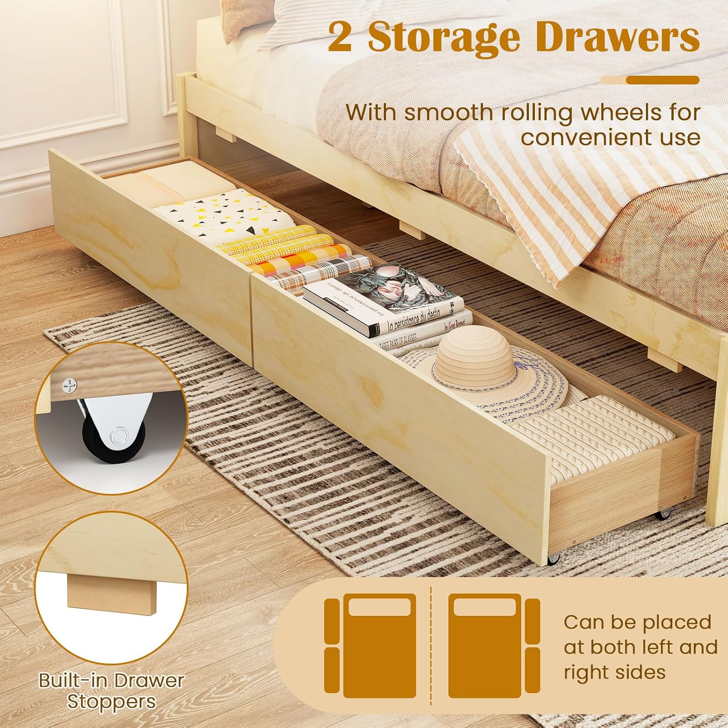 Natural Queen Wood Storage Drawer Bed Frame