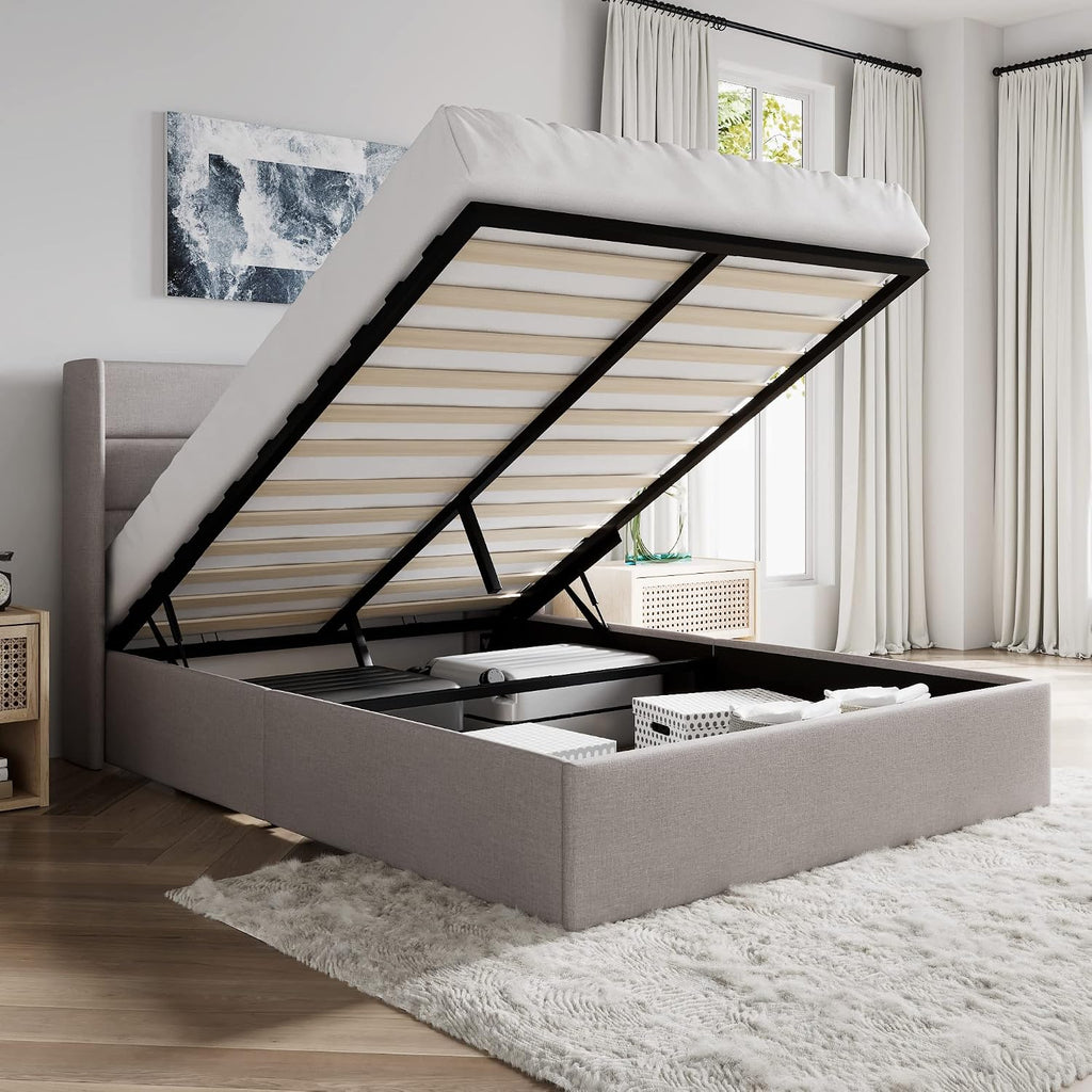 Light Beige Wingback Hydraulic Storage Bed
