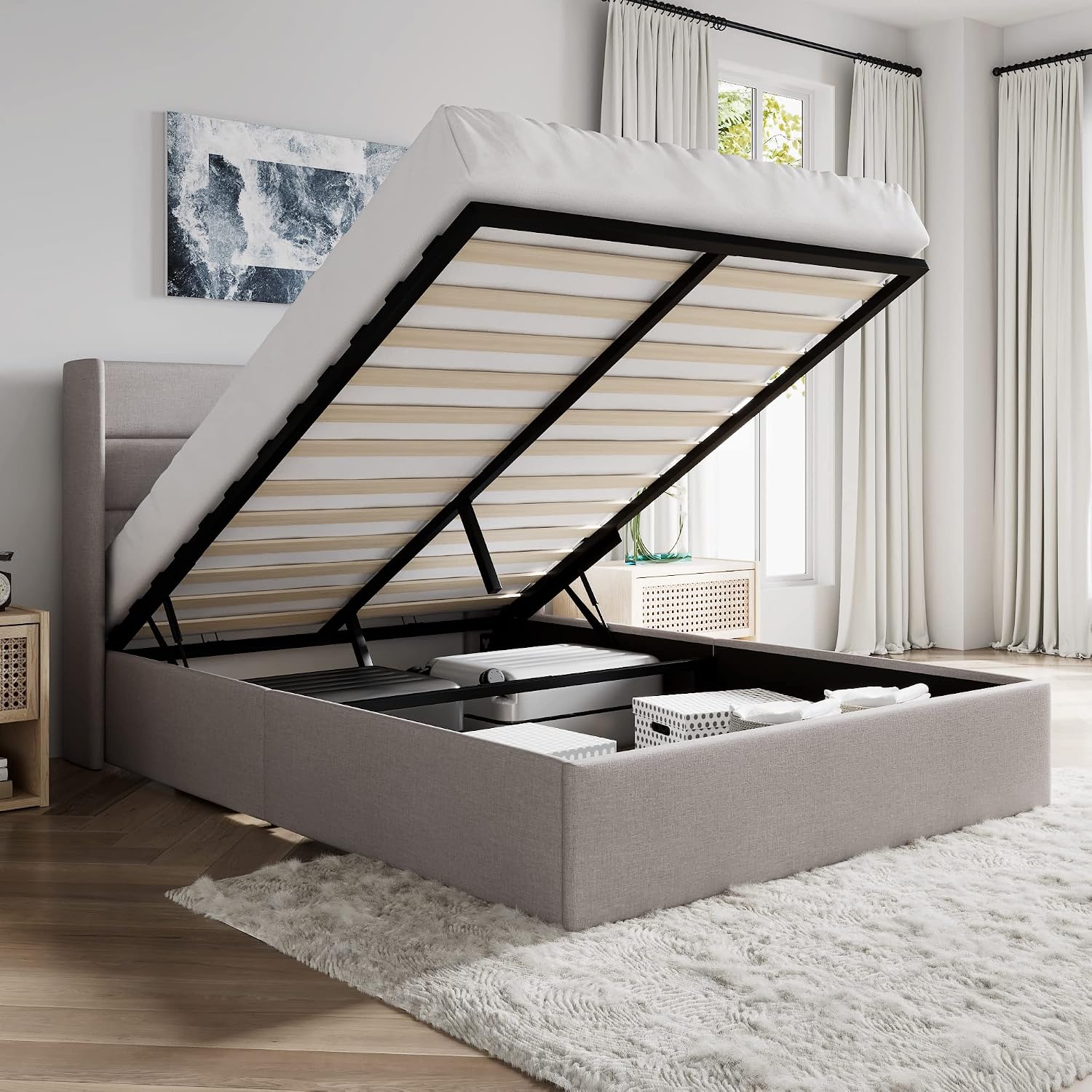 Light Beige Wingback Hydraulic Storage Bed