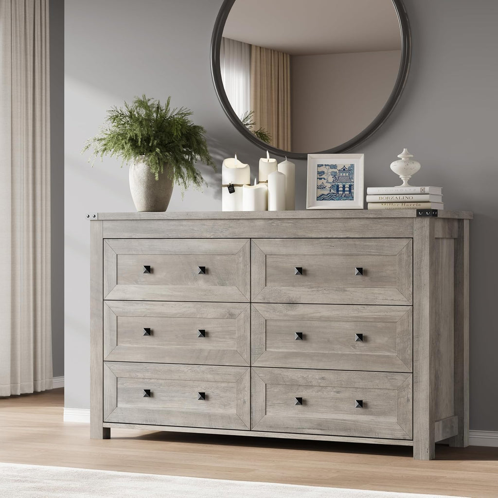 Modern Wood 6-Drawer Metal Handle Dresser