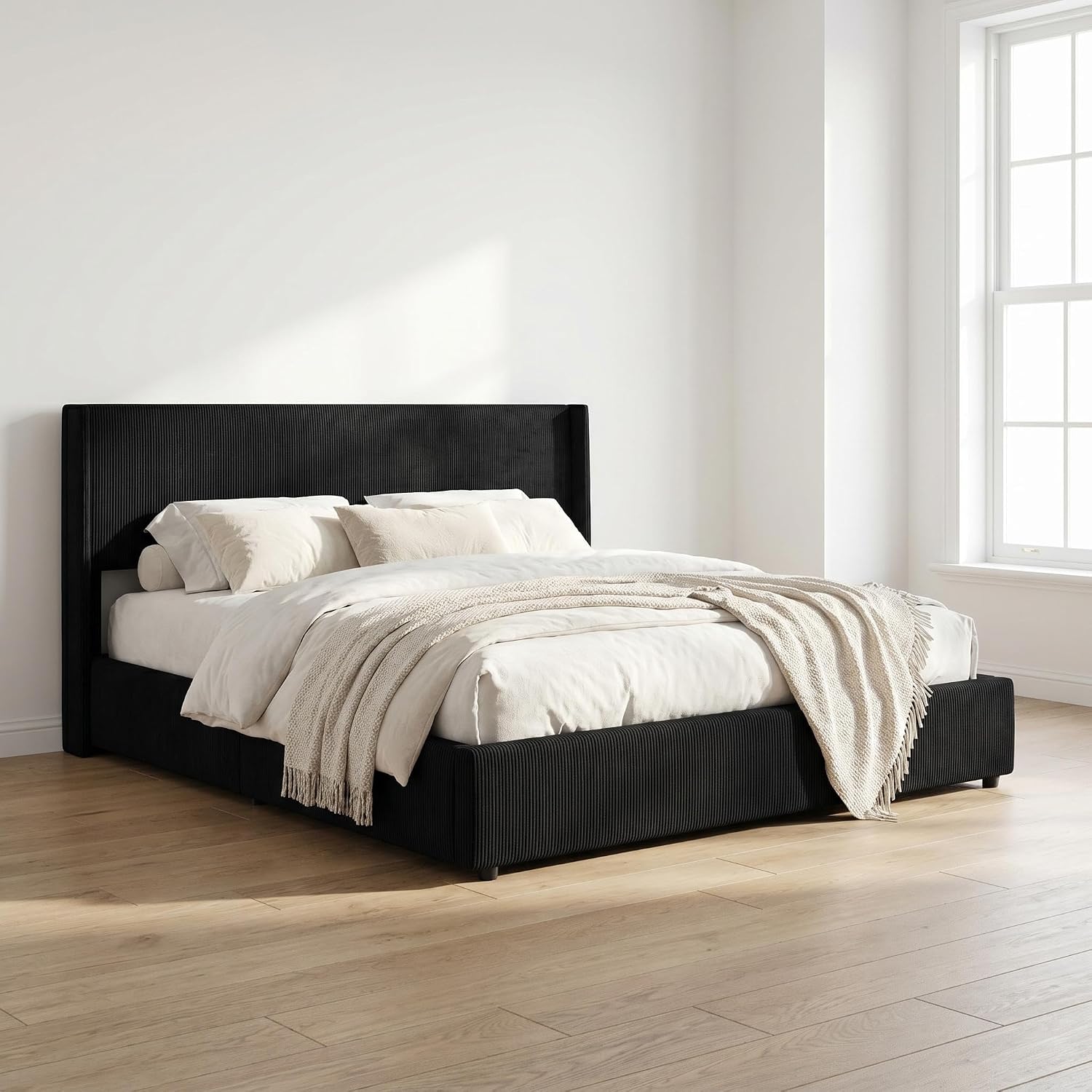 Black Corduroy Gas Lift Storage Bed Frame