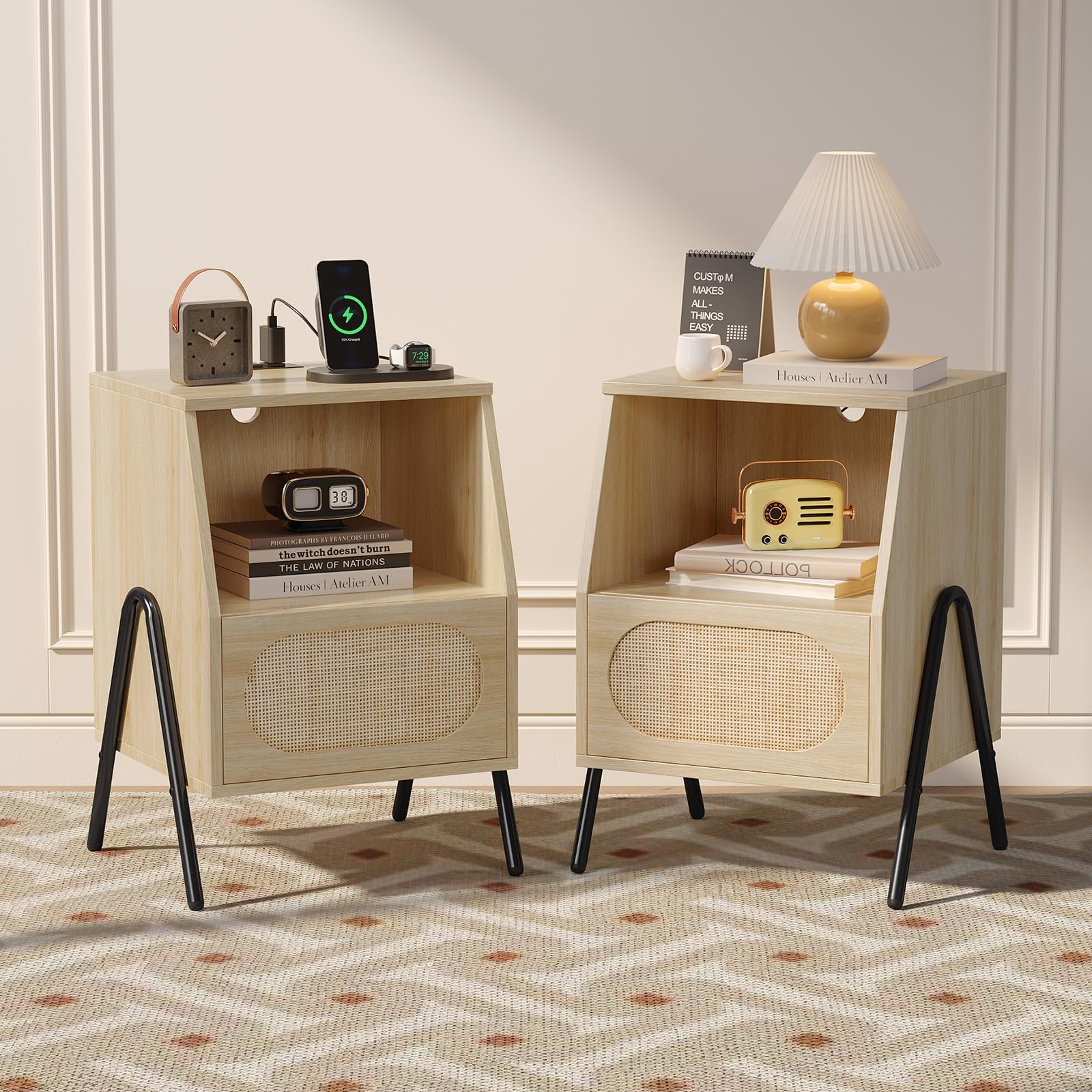 Black Rattan 3-Drawer Nightstand Set of 2