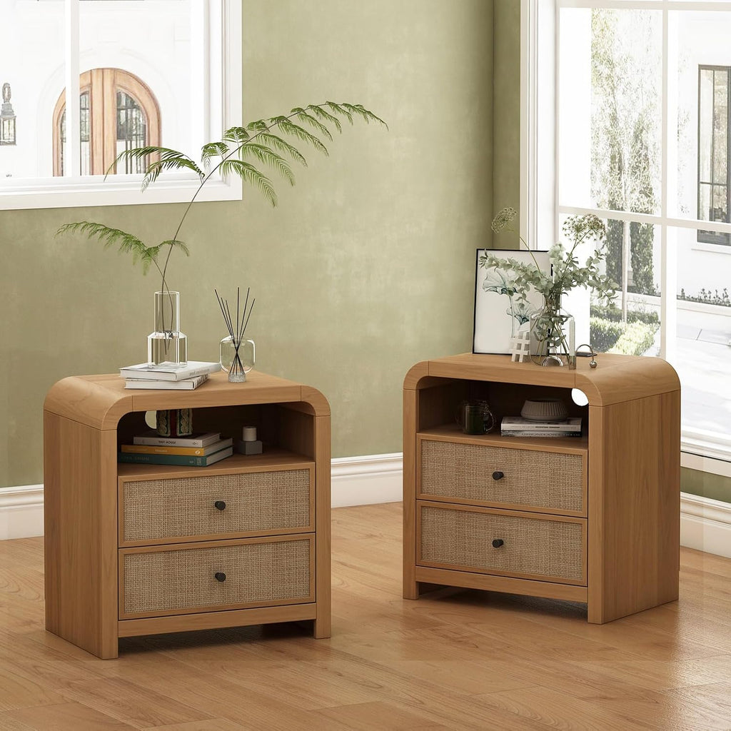 Curved Oak Rattan Charging Nightstands Set of 2