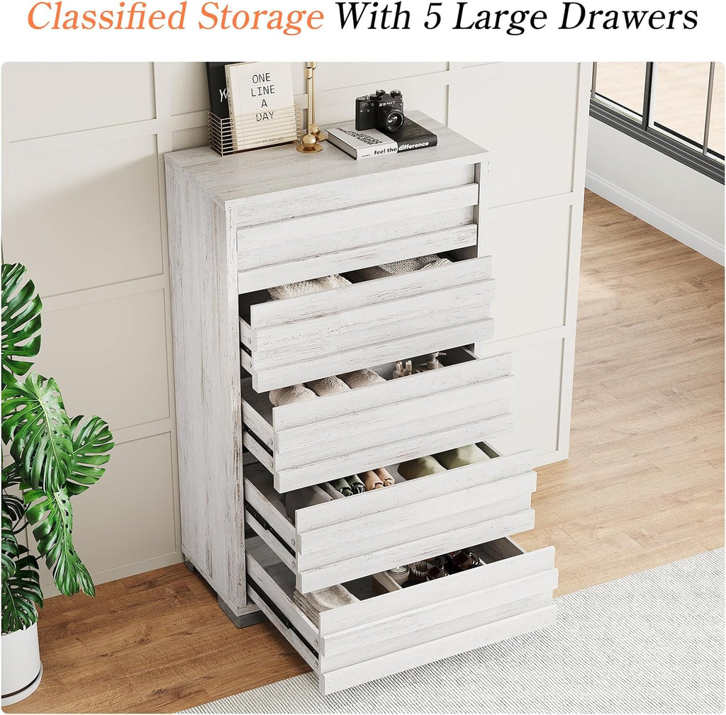 Distressed White 5-Drawer Farmhouse Wood Dresser