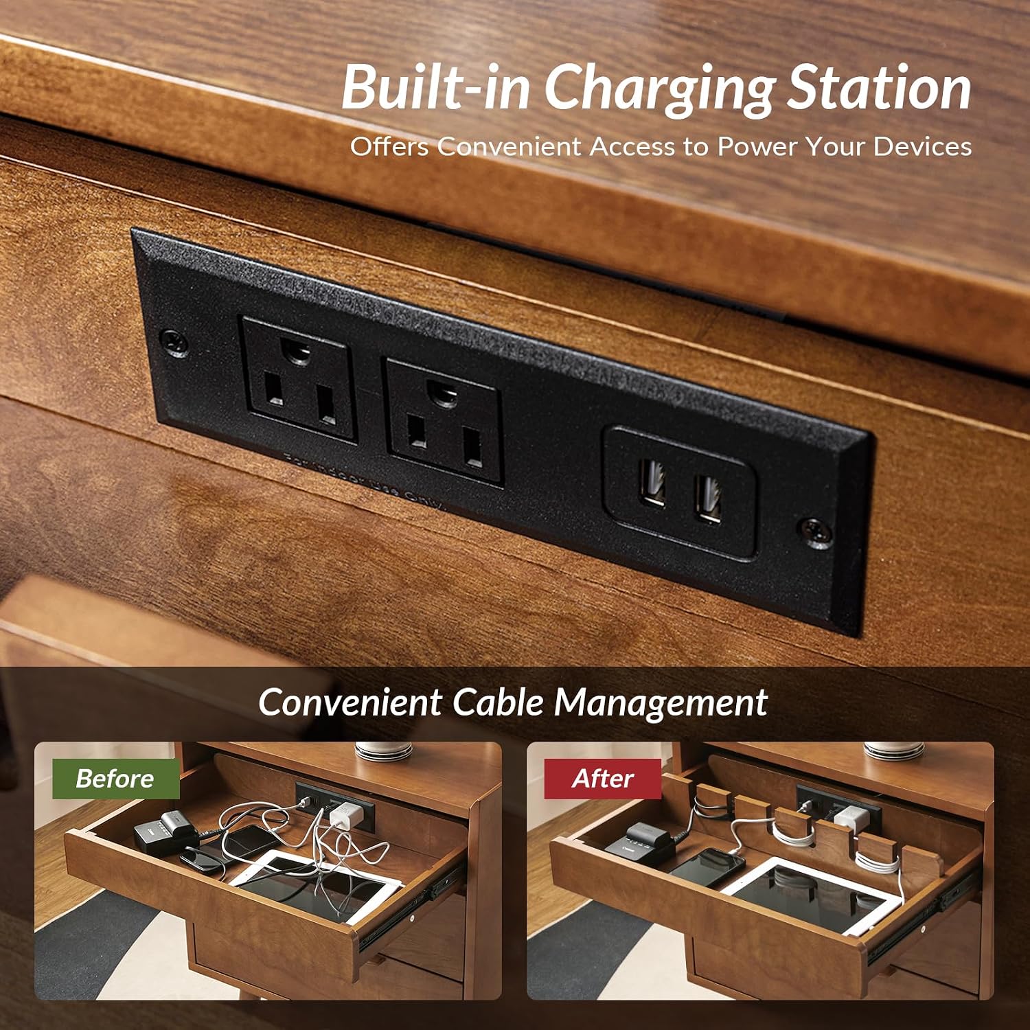 Acorn Charging 2-Drawer Pull Out Side Table