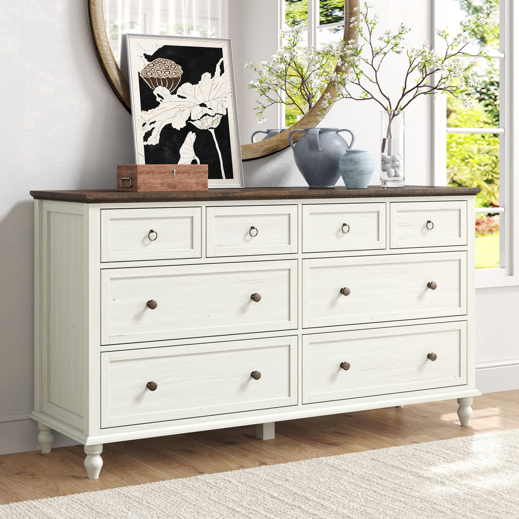 Antique White 8-Drawer Rustic Wood Dresser