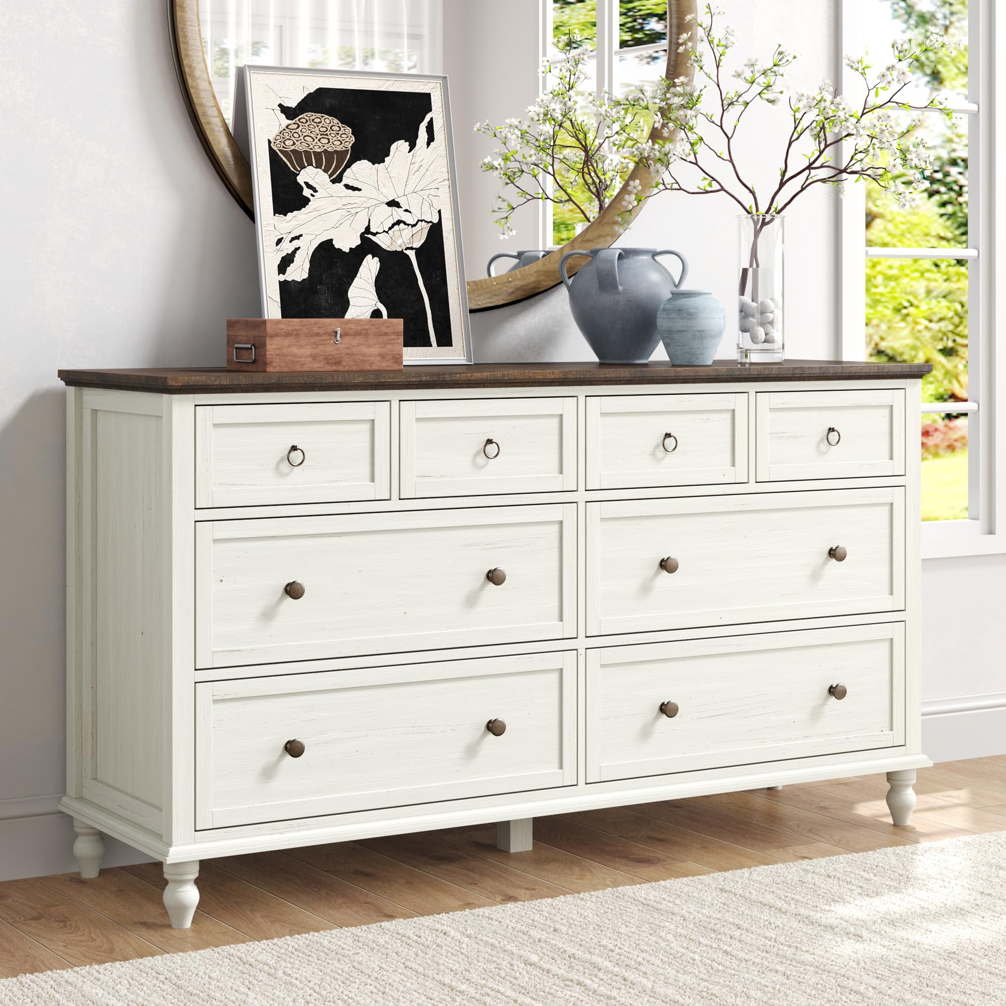 Antique White 8-Drawer Rustic Wood Dresser