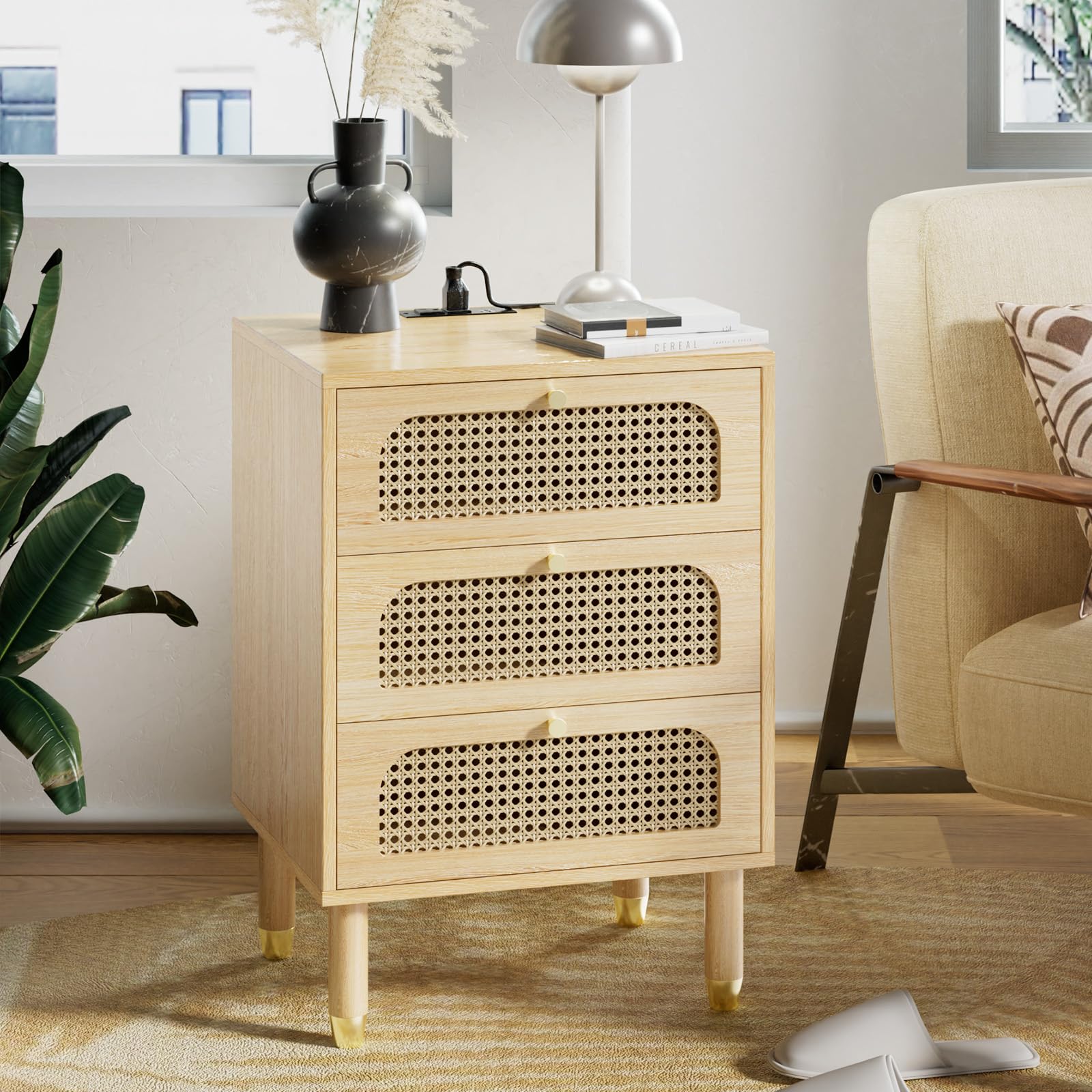 Black Rattan 3-Drawer Nightstand Set of 2