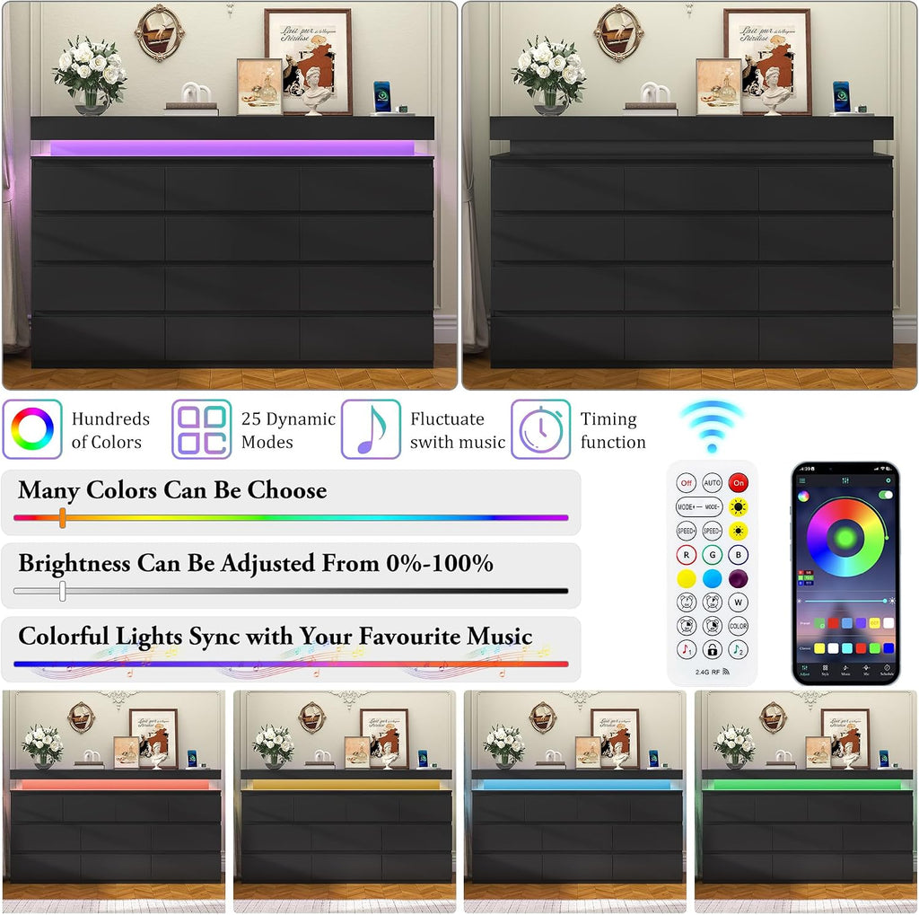 Black LED Charging 12-Drawer Wide Dresser