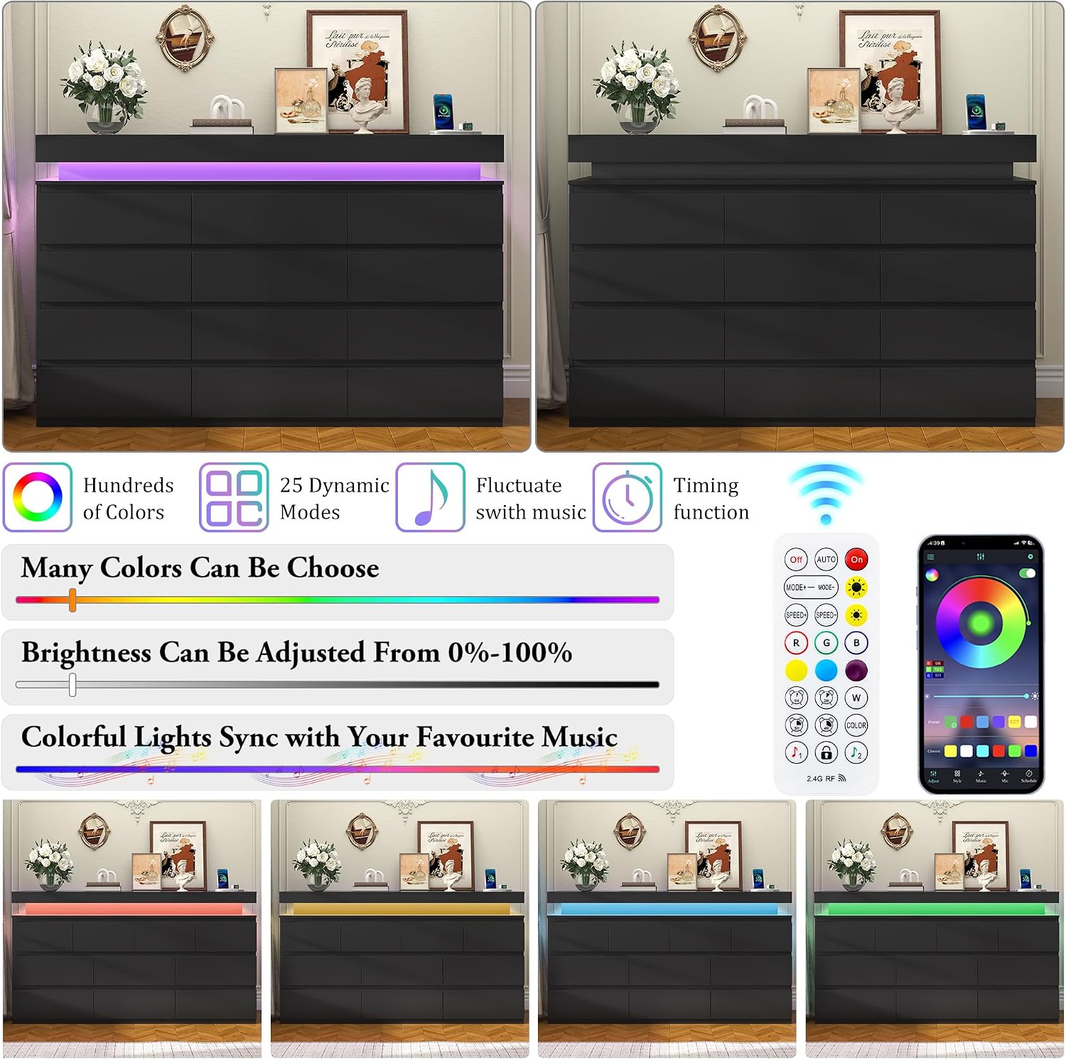 Black LED Charging 12-Drawer Wide Dresser