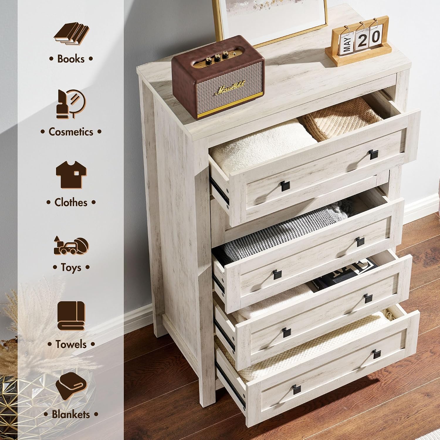 Distressed White Vintage 5-Drawer Wood Dresser