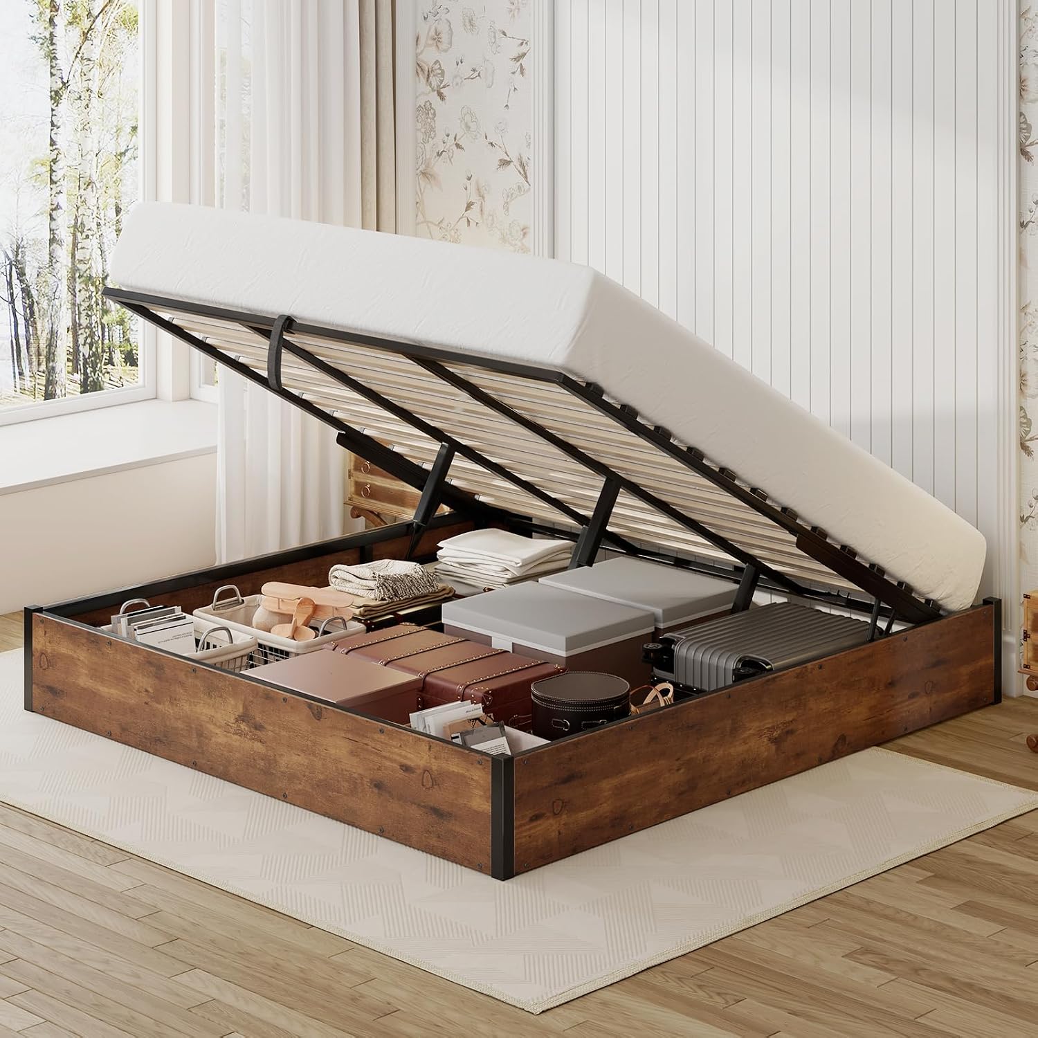 Rustic Brown Queen Lift Storage Bed Frame