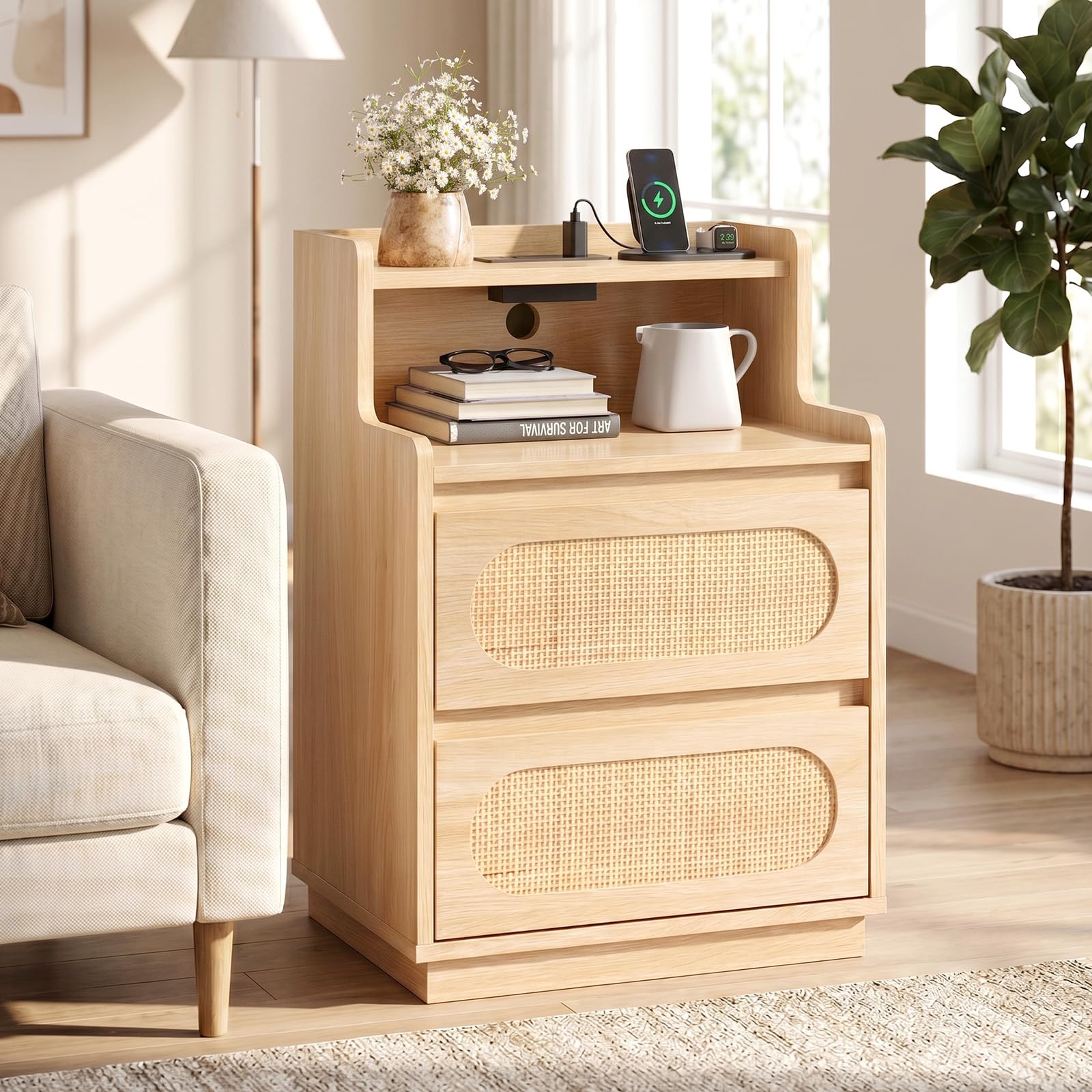 Black Rattan 3-Drawer Nightstand Set of 2