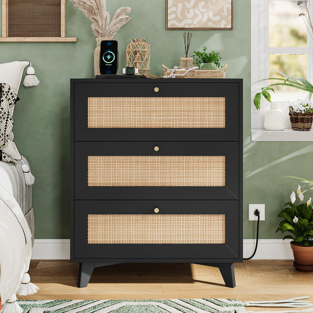 Boho Rattan 3-Drawer Charging Nightstand
