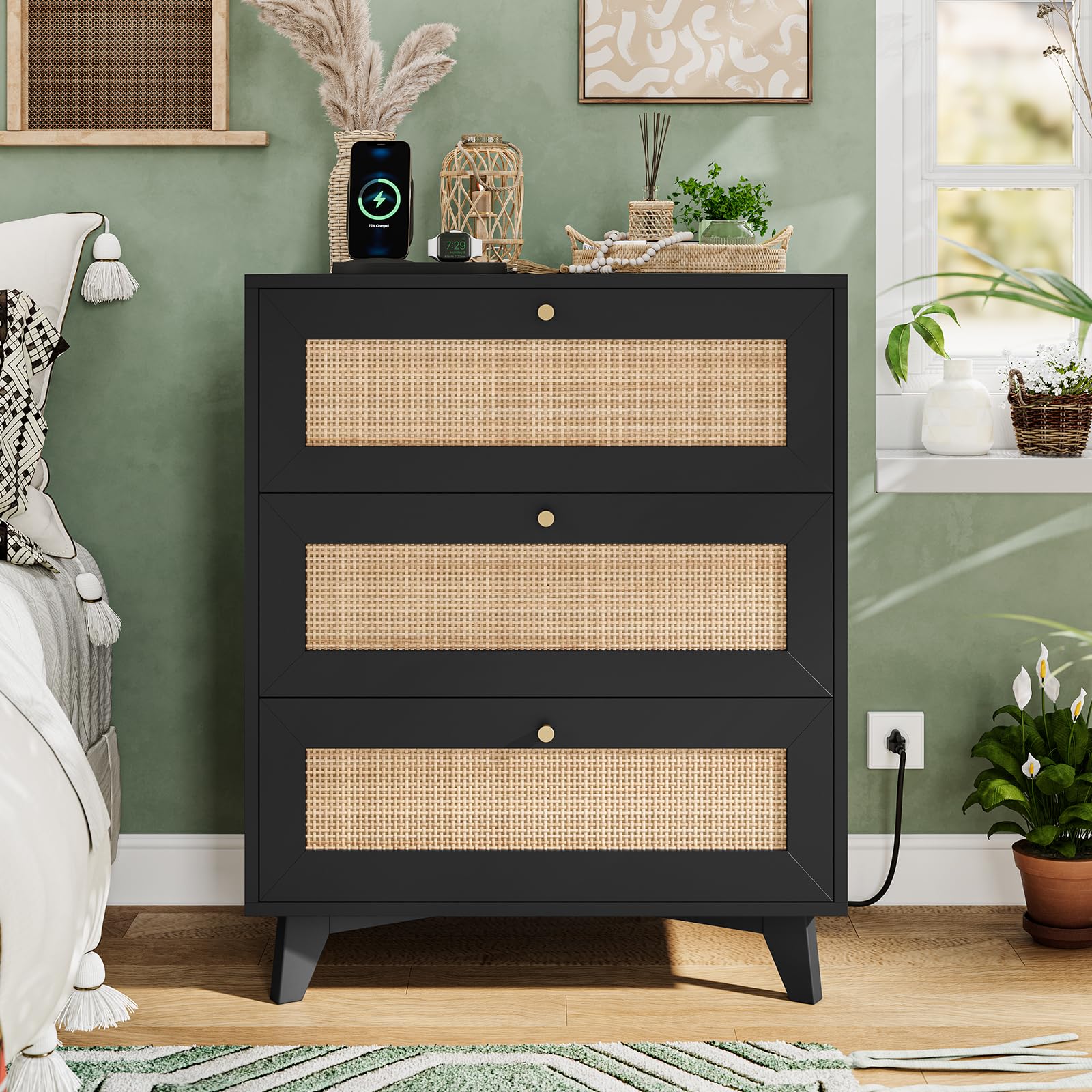 Boho Rattan 3-Drawer Charging Nightstand