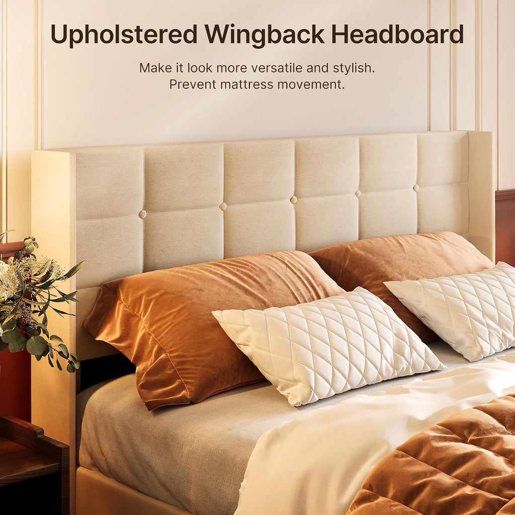 Beige Wingback Hydraulic Full Storage Bed