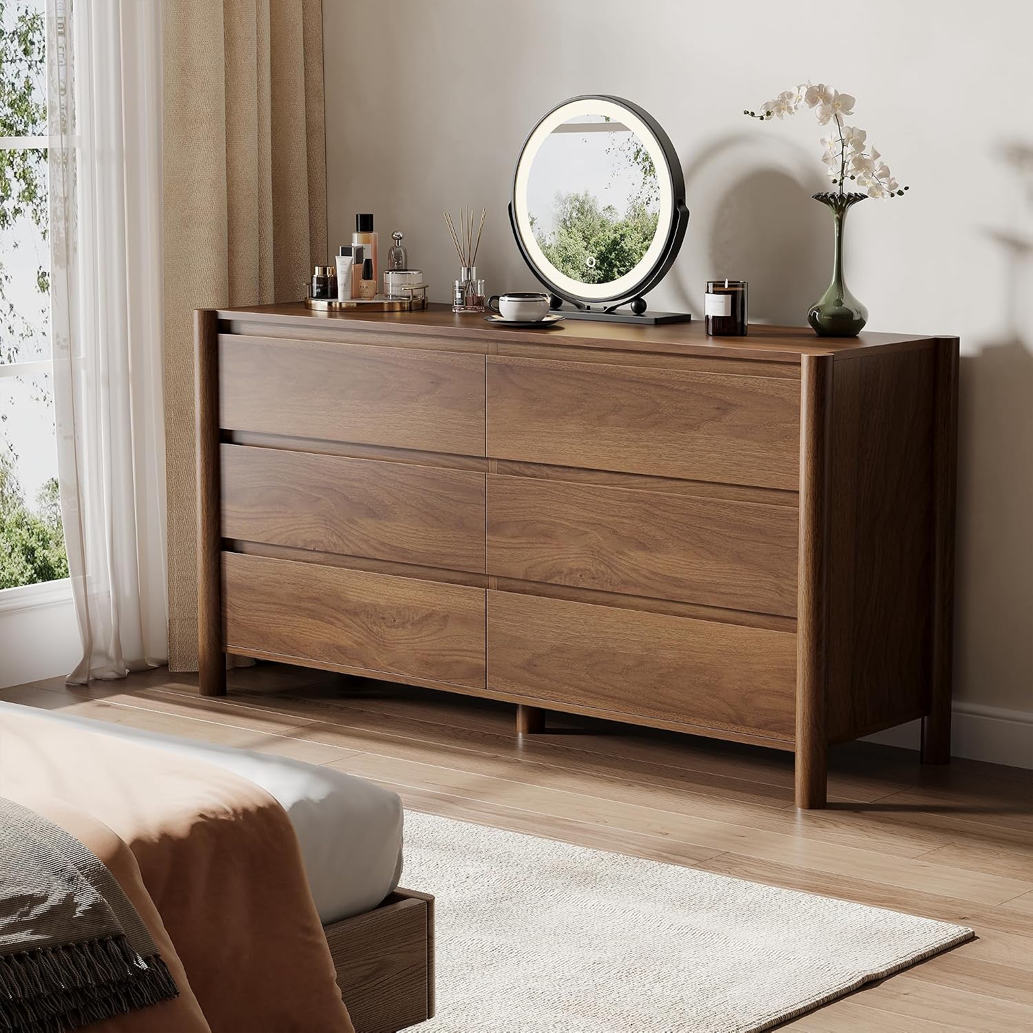 Walnut Wood Leg Concealed Handle Dresser