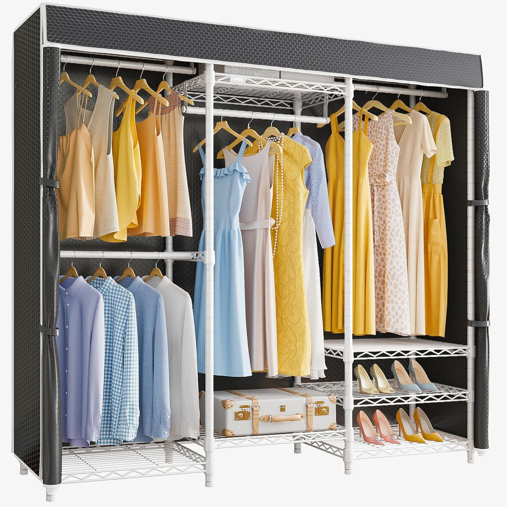 White Frame Black Cover Adjustable Garment Rack