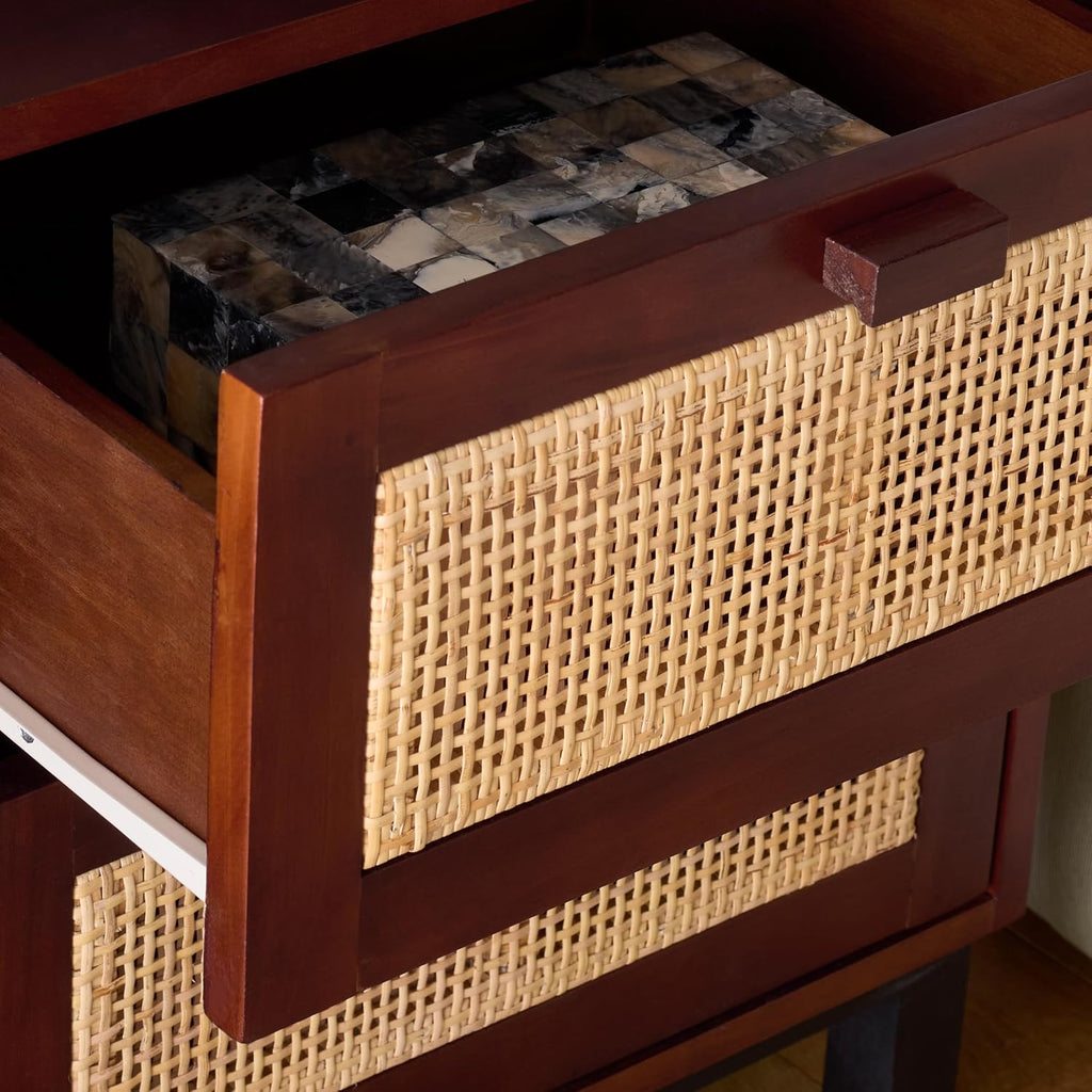 Natural Wood Rattan 2-Drawer Nightstand