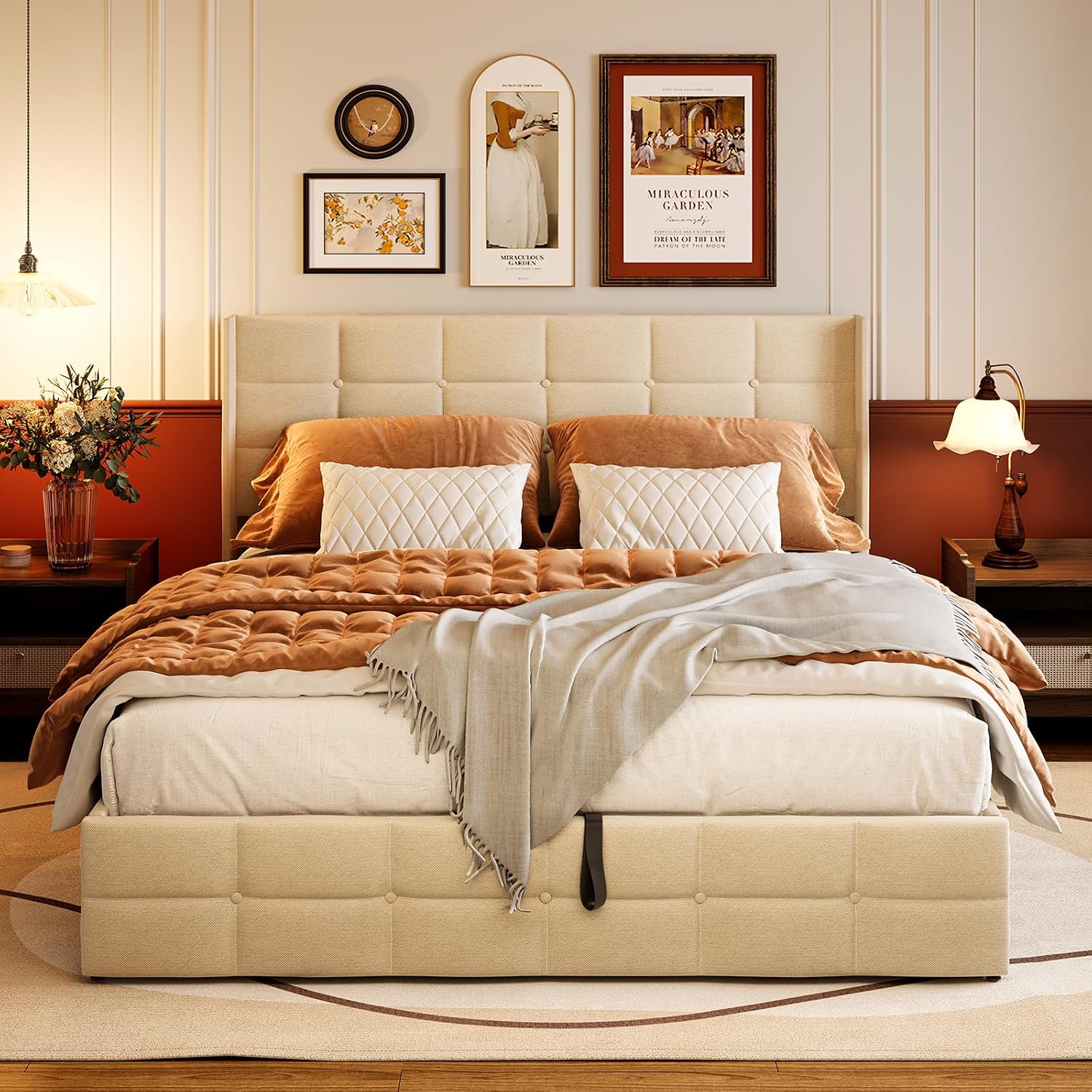 Beige Wingback Hydraulic Full Storage Bed
