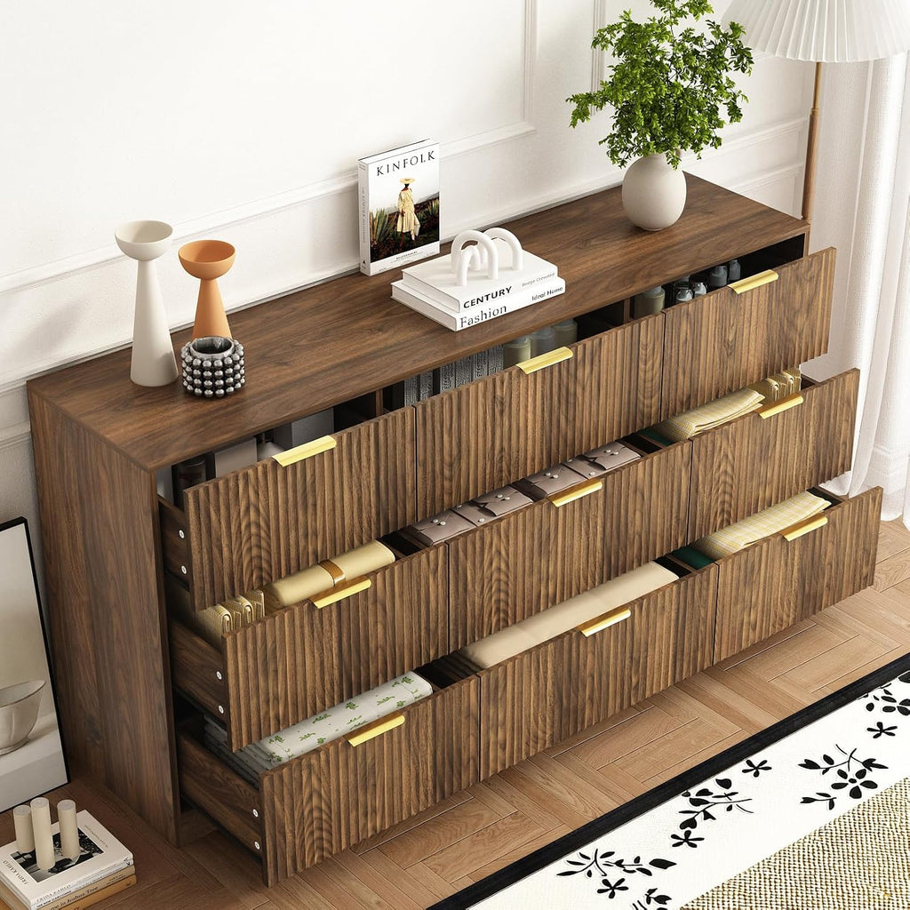 Walnut Fluted 9-Drawer Mid Century Dresser