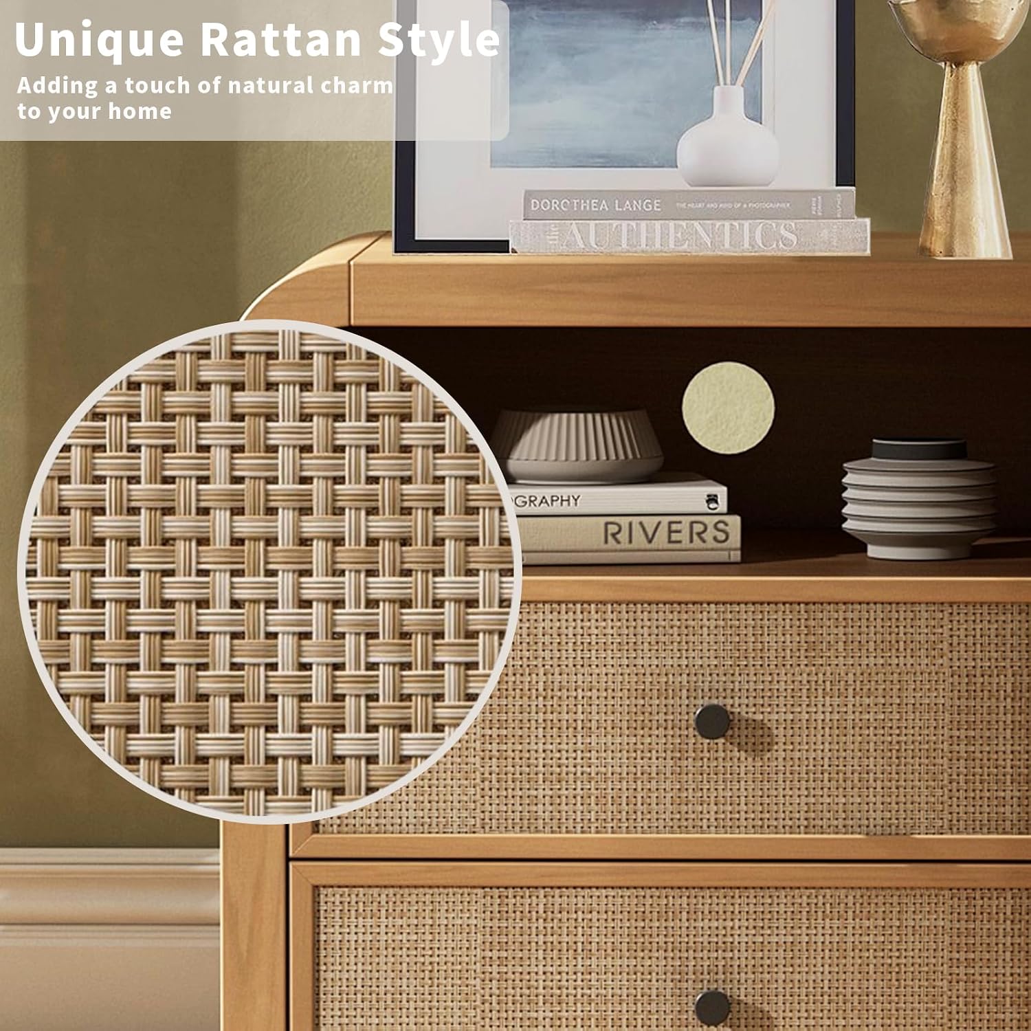 Curved Oak Rattan Charging Nightstands Set of 2